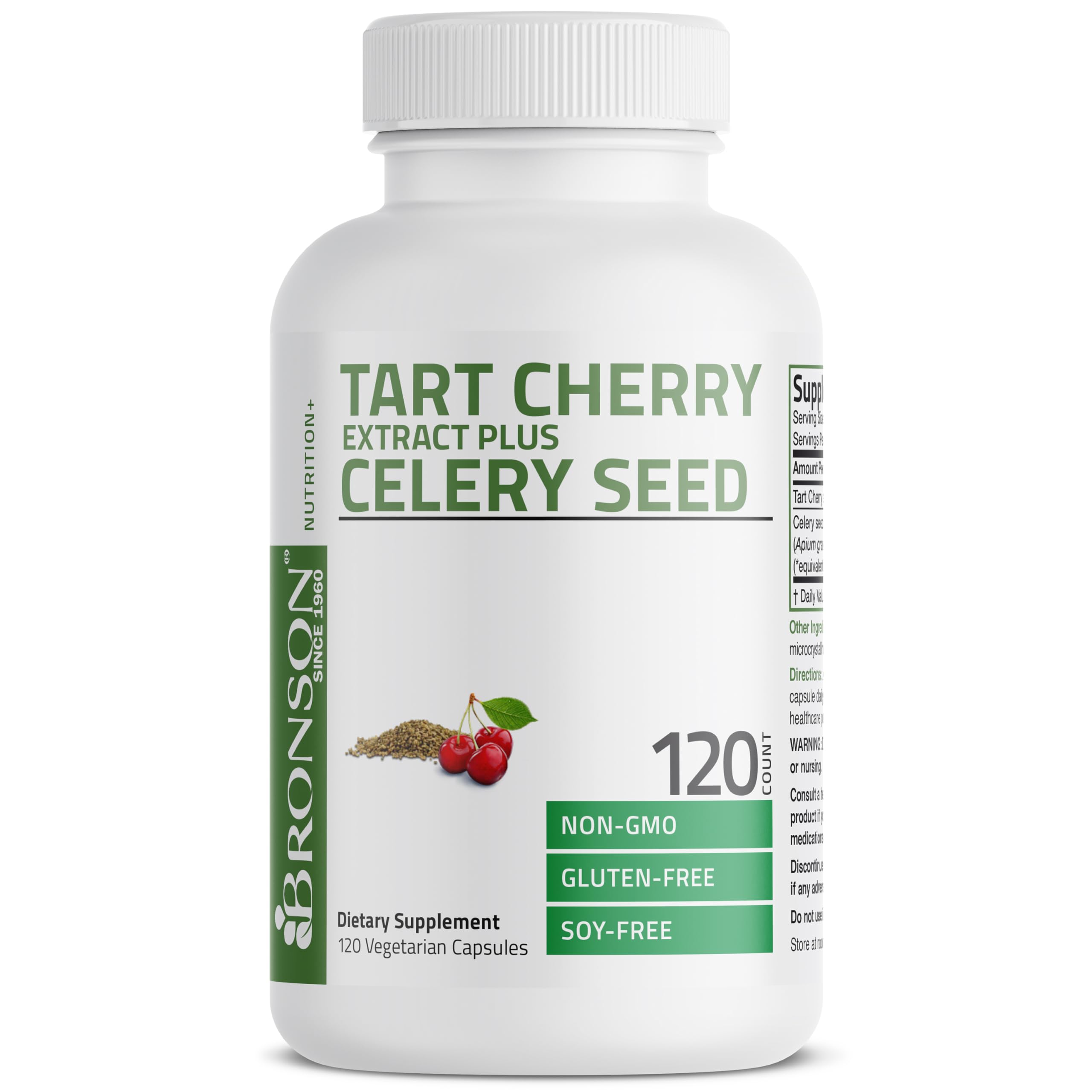 Bronson Tart Cherry Extract + Celery Seed capsules in hand show portability.