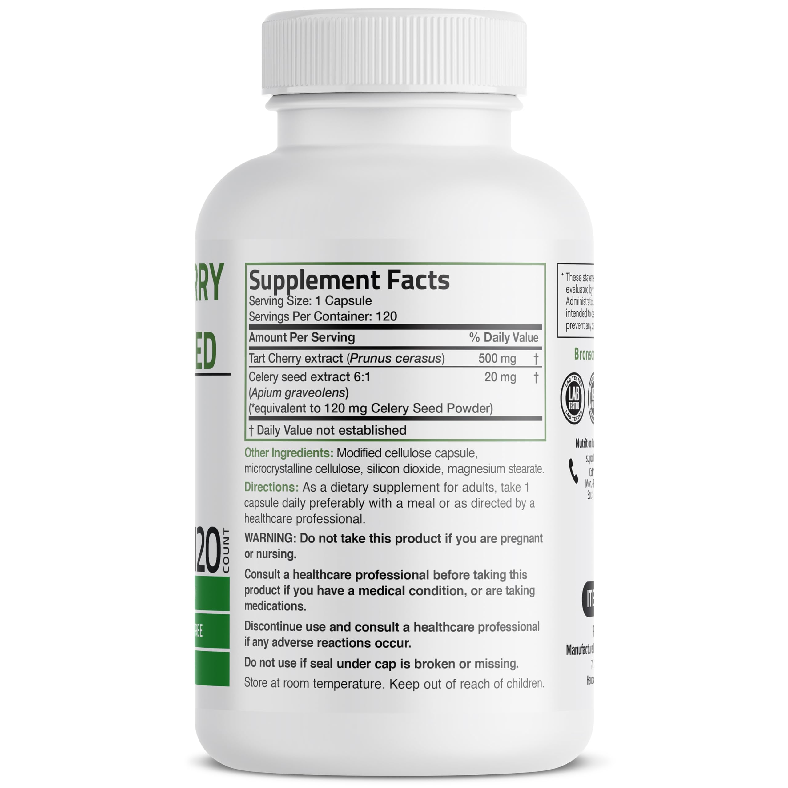 Bronson Tart Cherry Extract + Celery Seed capsules label front communicates clean formula.