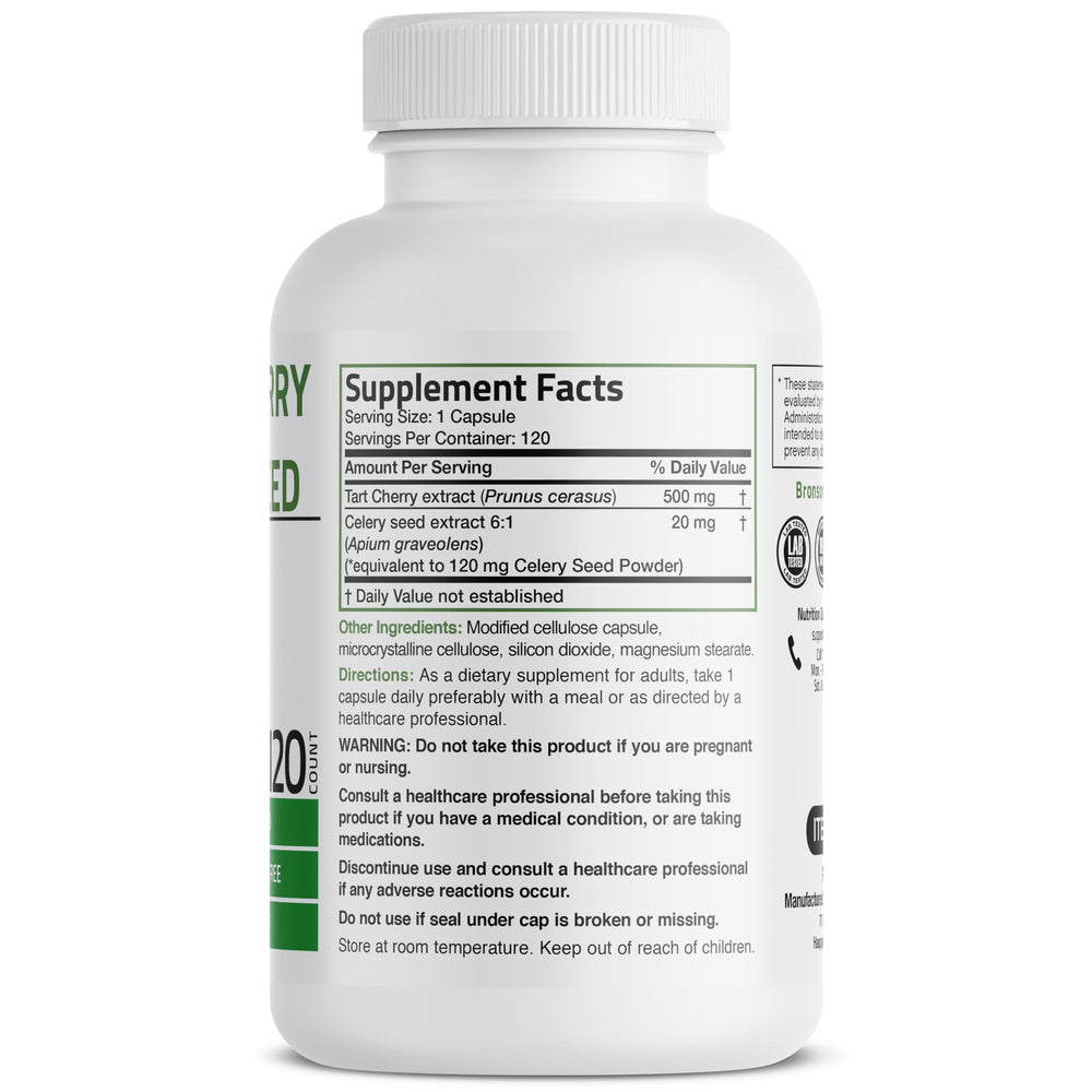 Bronson Tart Cherry Extract + Celery Seed capsules label front communicates clean formula.