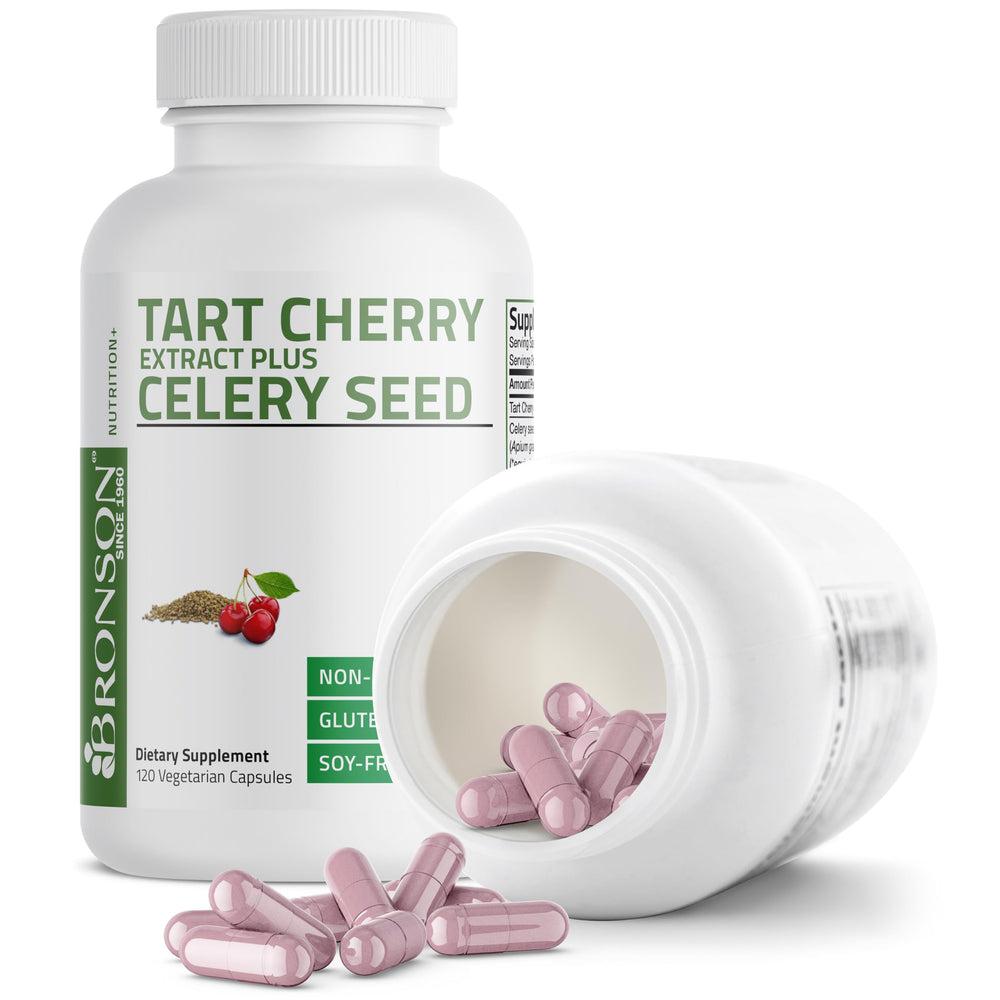Bronson Tart Cherry Extract + Celery Seed capsules alongside natural ingredients imply quality.