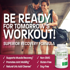 Bronson Tart Cherry Extract + Celery Seed capsules on desk suggest daily wellness routine.