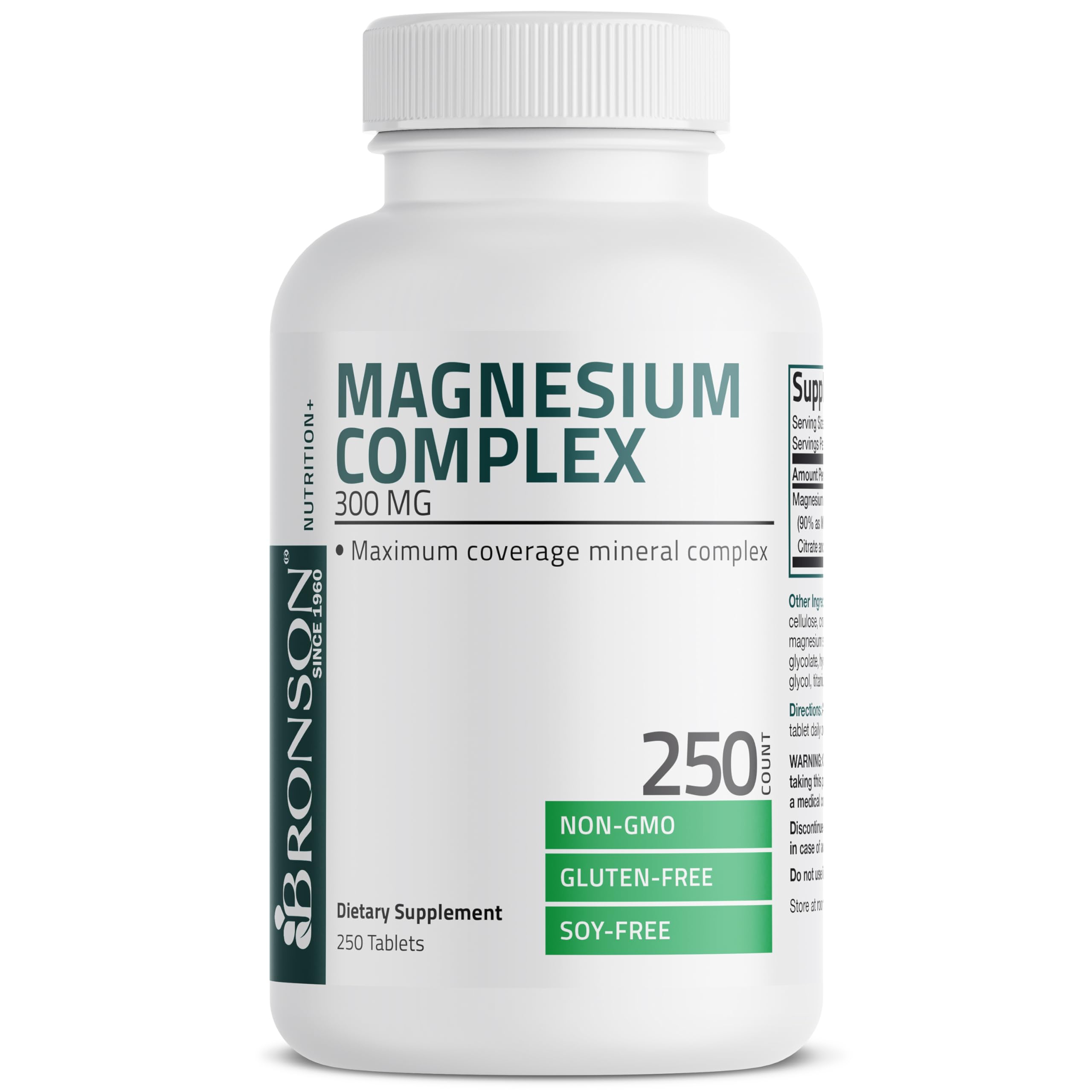 Bronson Triple Magnesium Complex label highlights non-GMO, gluten-free, soy-free formula.