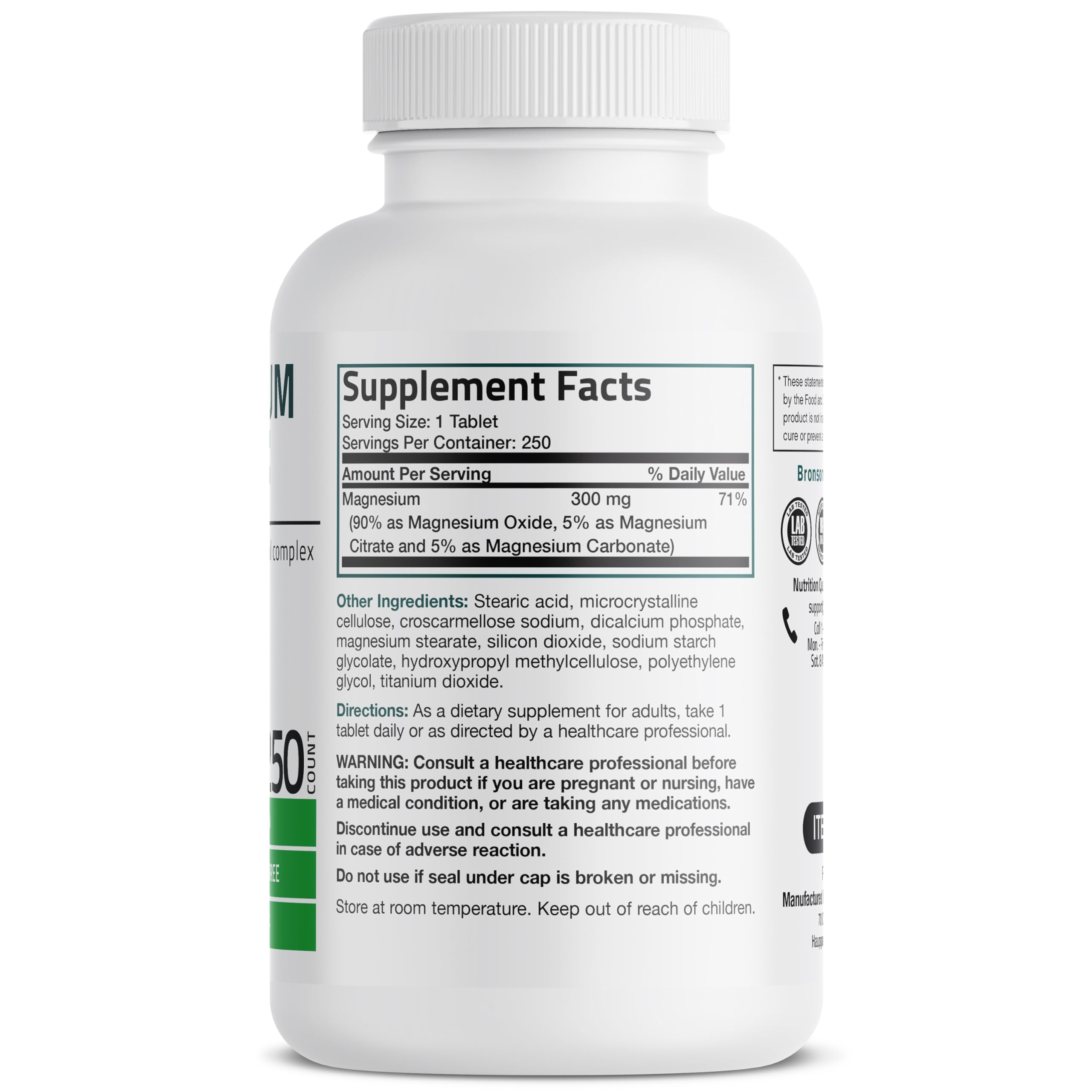 Bronson Triple Magnesium Complex tablets close-up showing easy daily capsules.