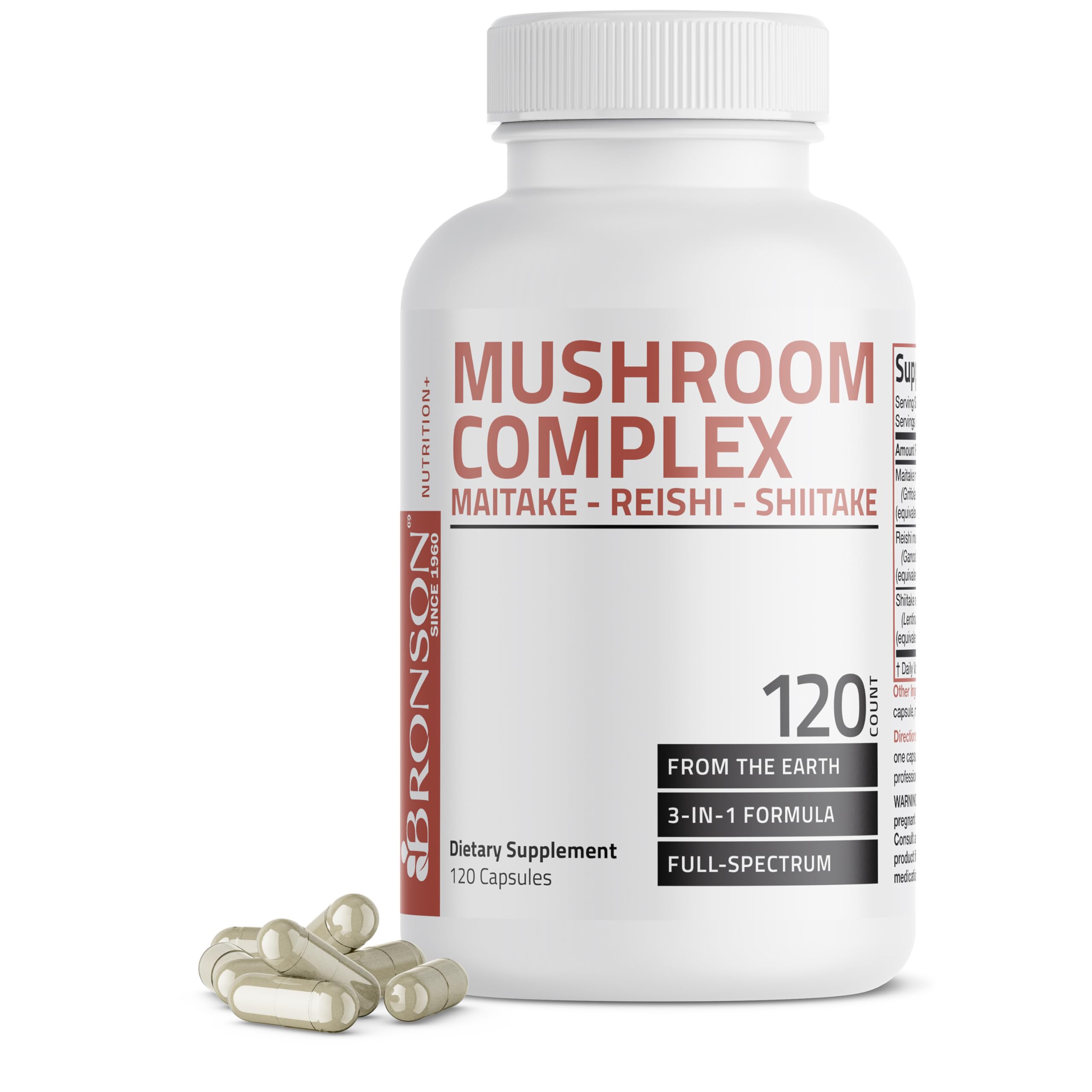 Bronson Triple Mushroom Complex bottle front with full-spectrum blend for immune support potential.