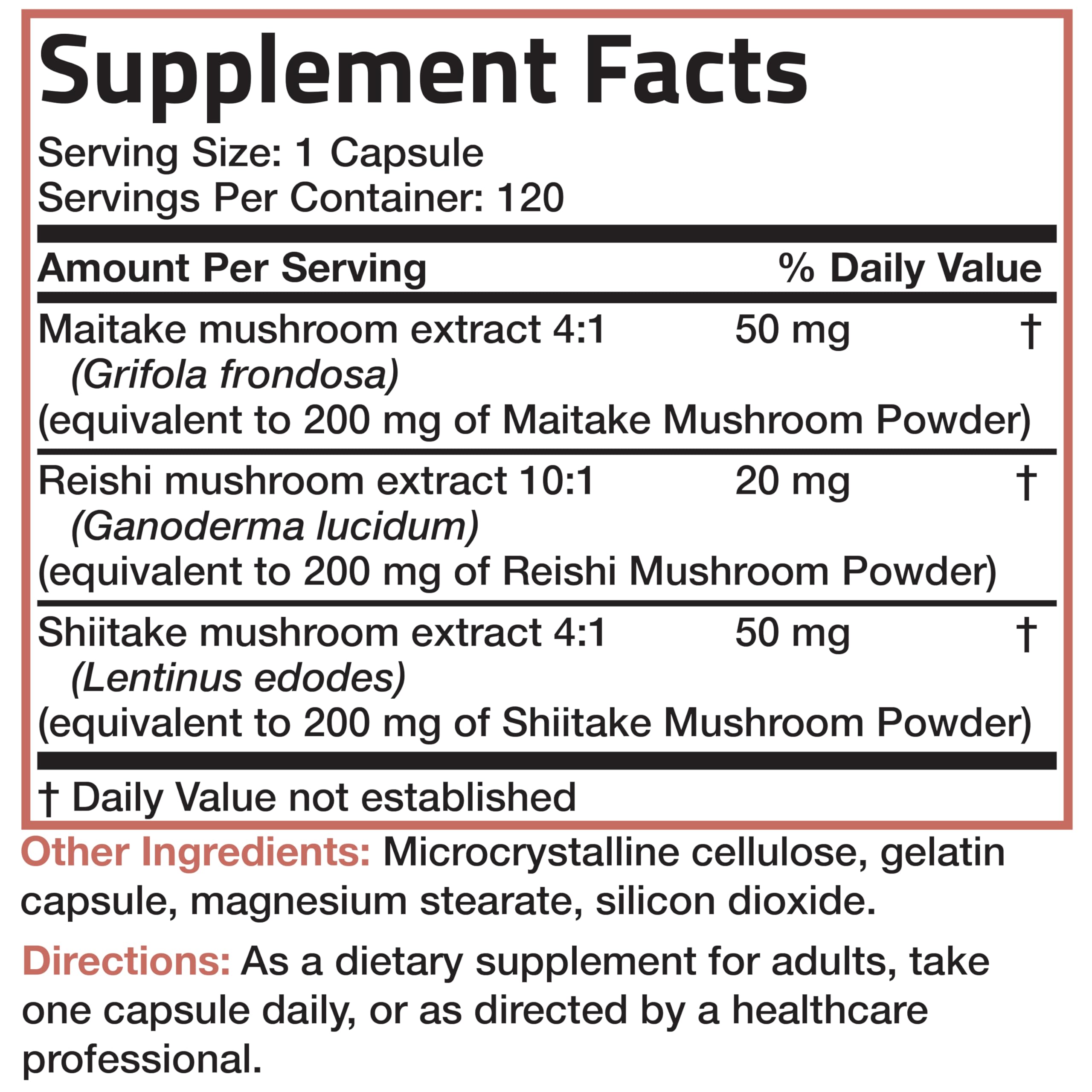 Bronson triple-mushroom-complex packaging on shelf showcasing product details.