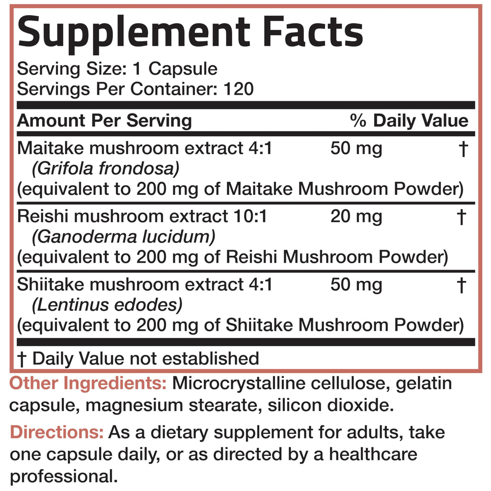 Bronson triple-mushroom-complex packaging on shelf showcasing product details.