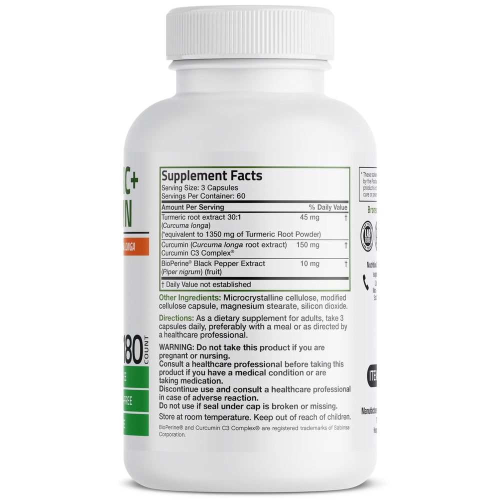 Close-up of Bronson Turmeric Curcumin capsules highlighting vegetarian formula.