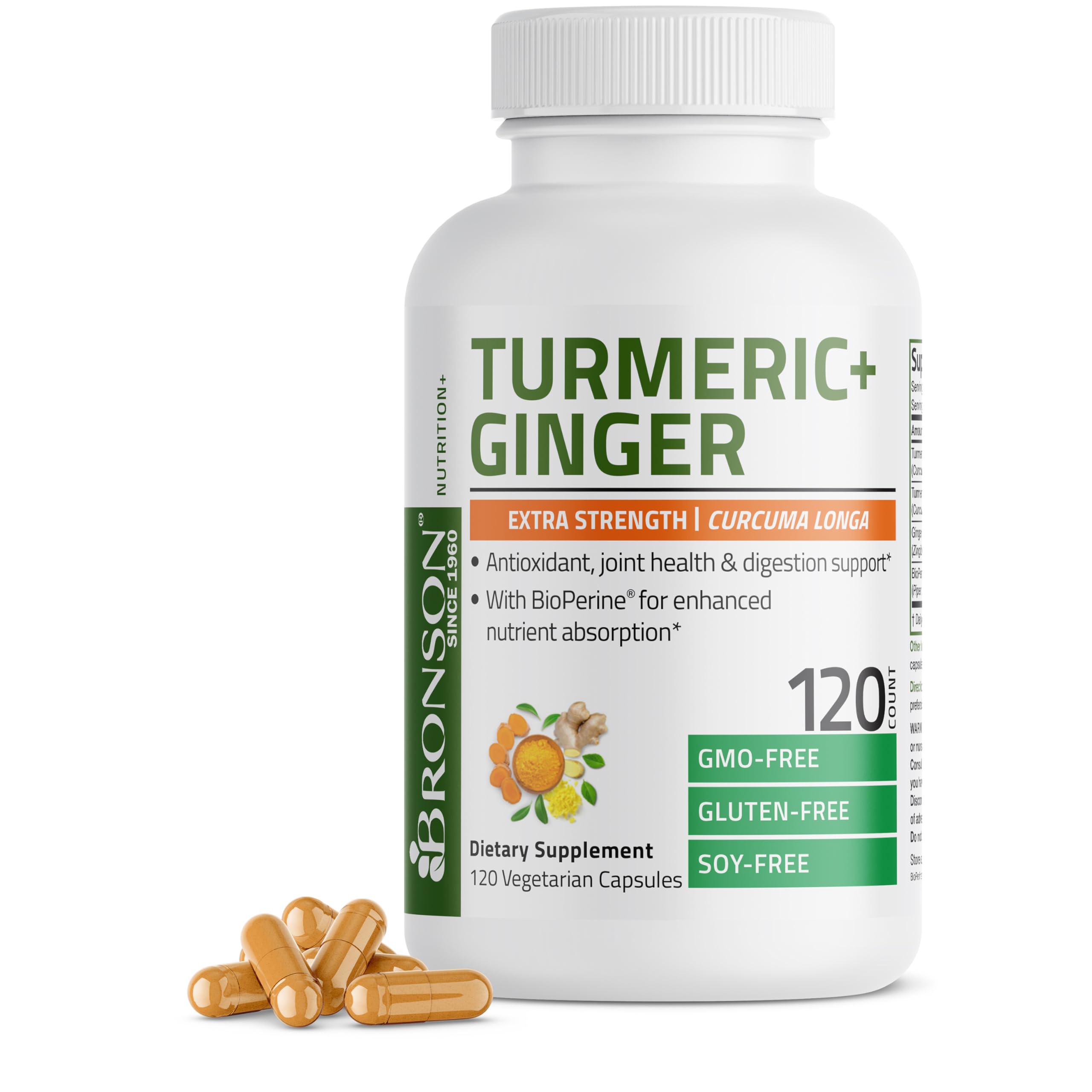 Bronson Turmeric + Ginger bottle showing 120 vegetarian capsules for joint and digestion support