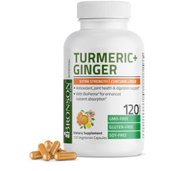 Bronson Turmeric + Ginger bottle showing 120 vegetarian capsules for joint and digestion support