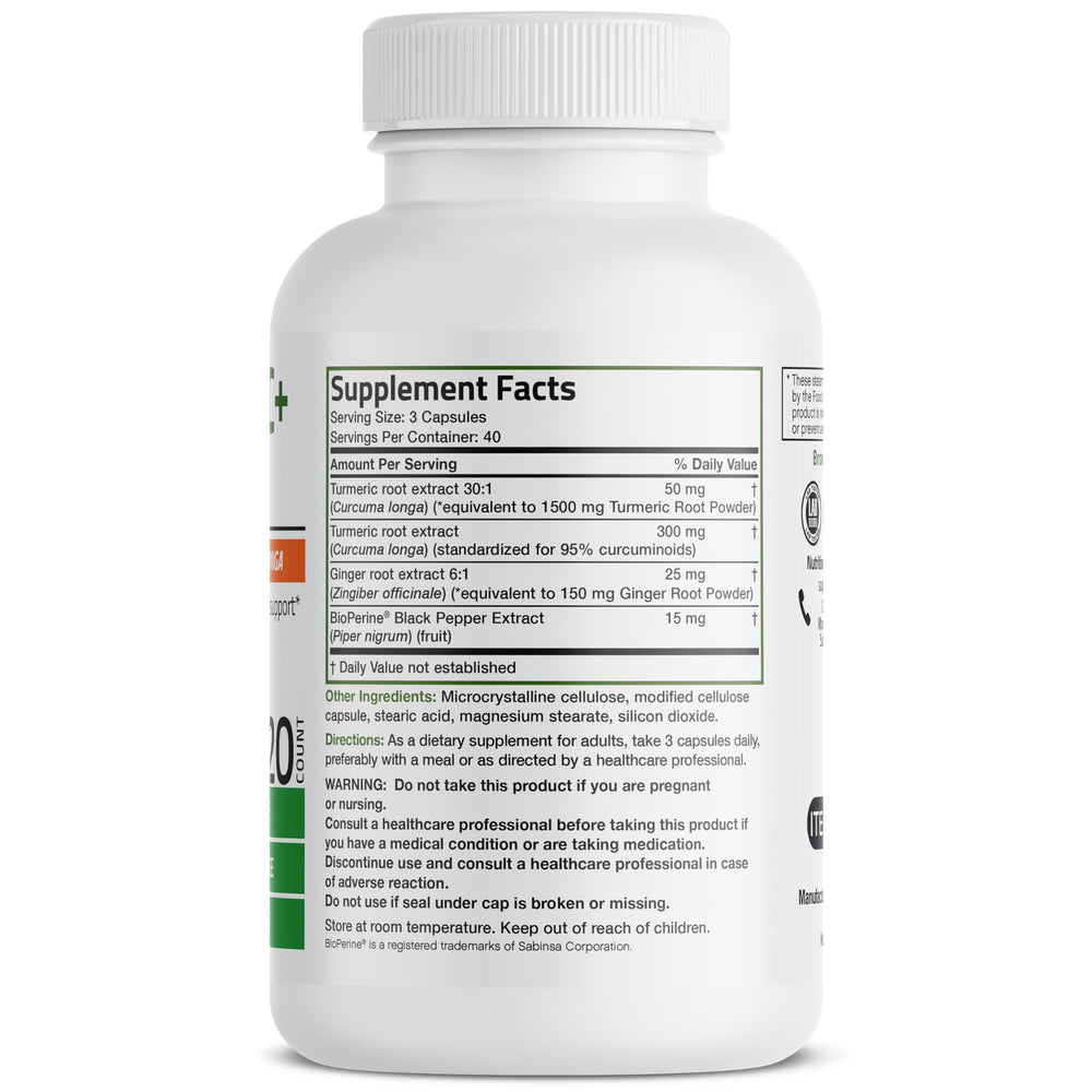 Bronson turmeric-ginger ingredients panel highlighting turmeric, ginger, and BioPerine for absorption