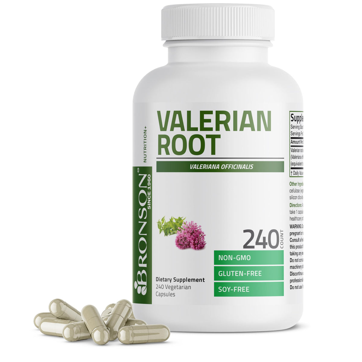 Bronson Valerian Root Capsules bottle close-up highlighting premium quality for relaxation.