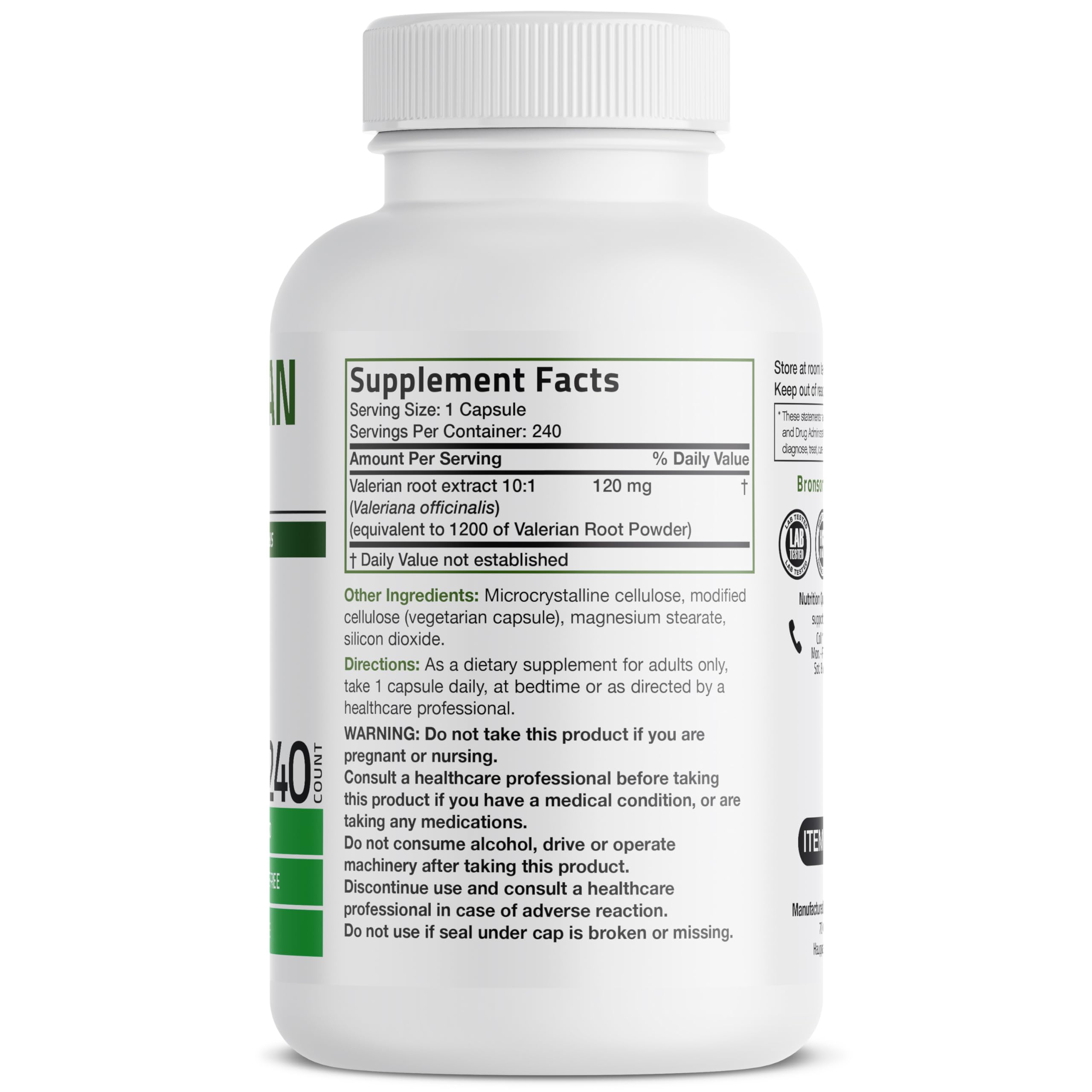 Bronson Valerian Root packaging label display emphasizing non-GMO, gluten-free, soy-free formulation.