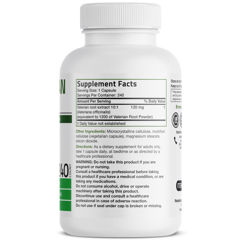 Bronson Valerian Root packaging label display emphasizing non-GMO, gluten-free, soy-free formulation.