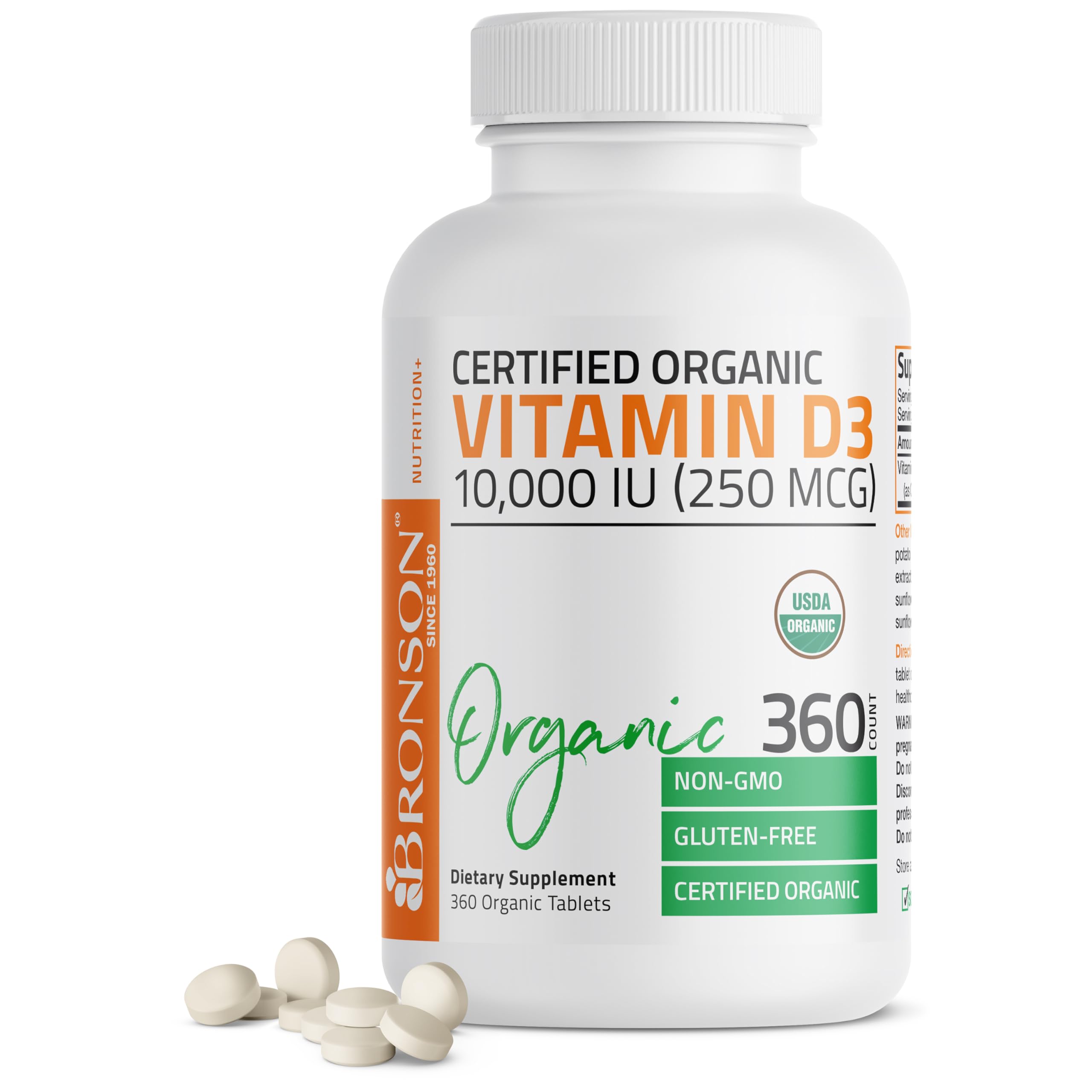 Bronson Vitamin D3 10,000 IU organic bottle showcases premium daily supplement