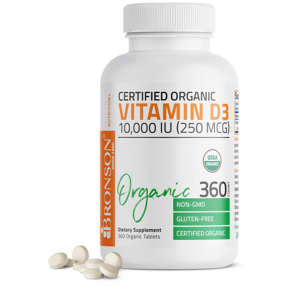 Bronson Vitamin D3 10,000 IU organic bottle showcases premium daily supplement