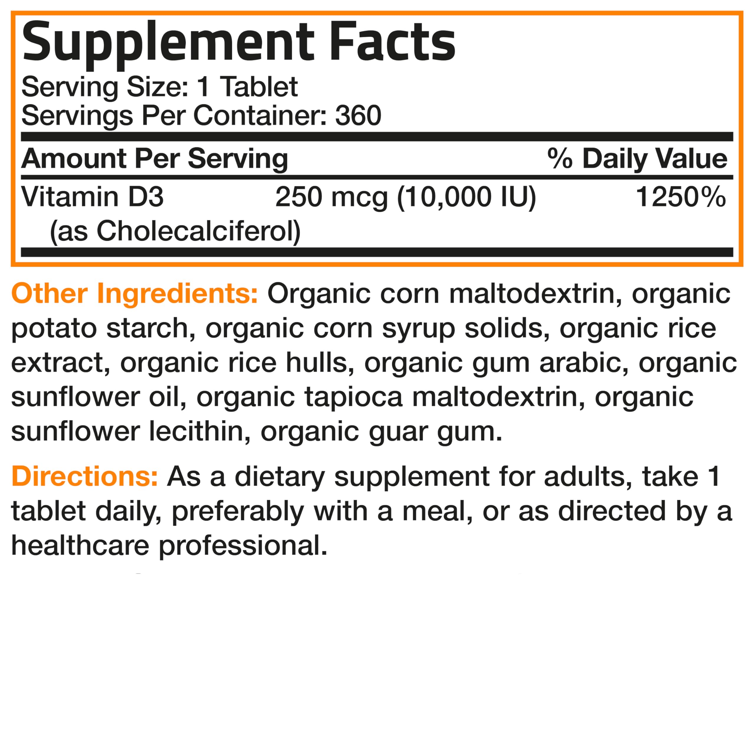 Bronson Vitamin D3 10,000 IU organic certification seal illustrates USDA organic status