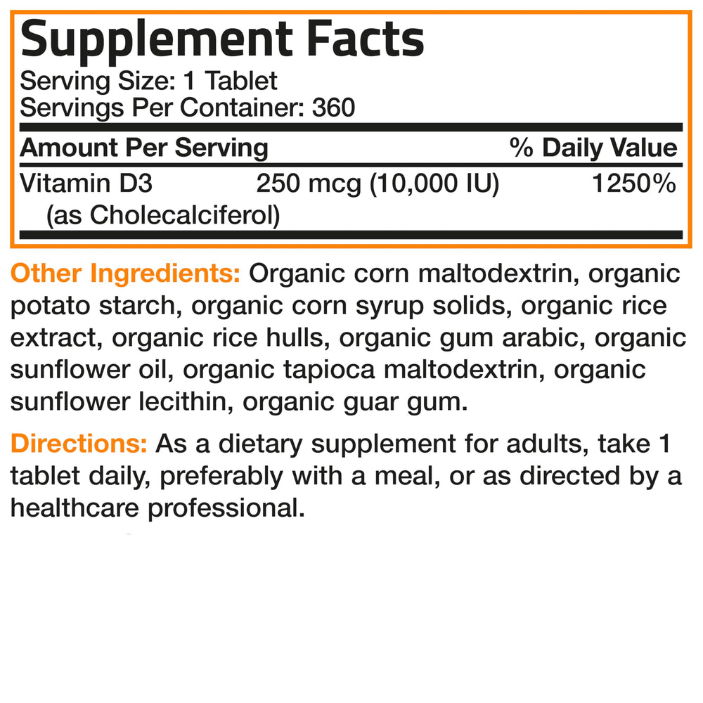 Bronson Vitamin D3 10,000 IU organic certification seal illustrates USDA organic status