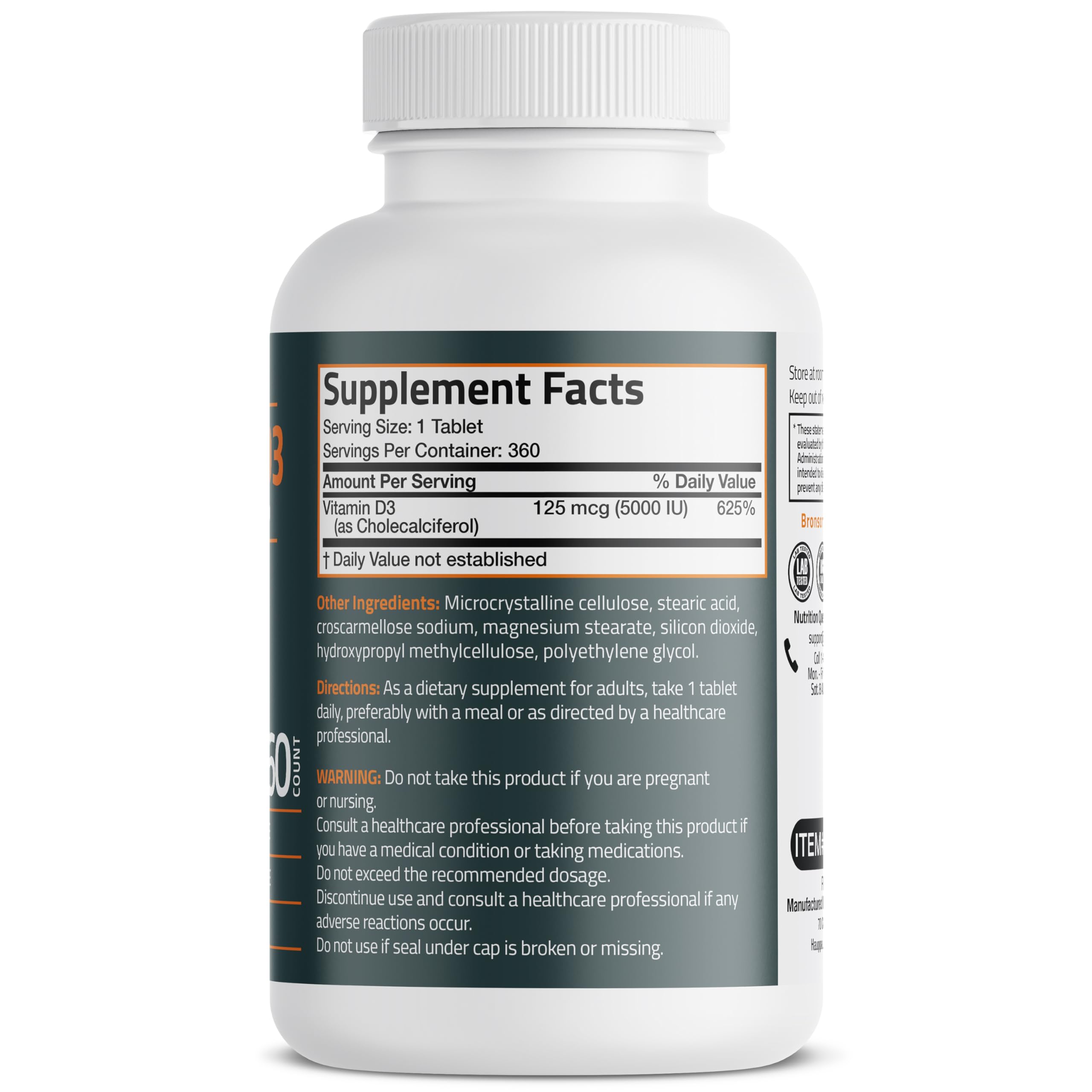 Bronson Vitamin D3 5000 IU bottle label highlights supplement facts and GMP quality.