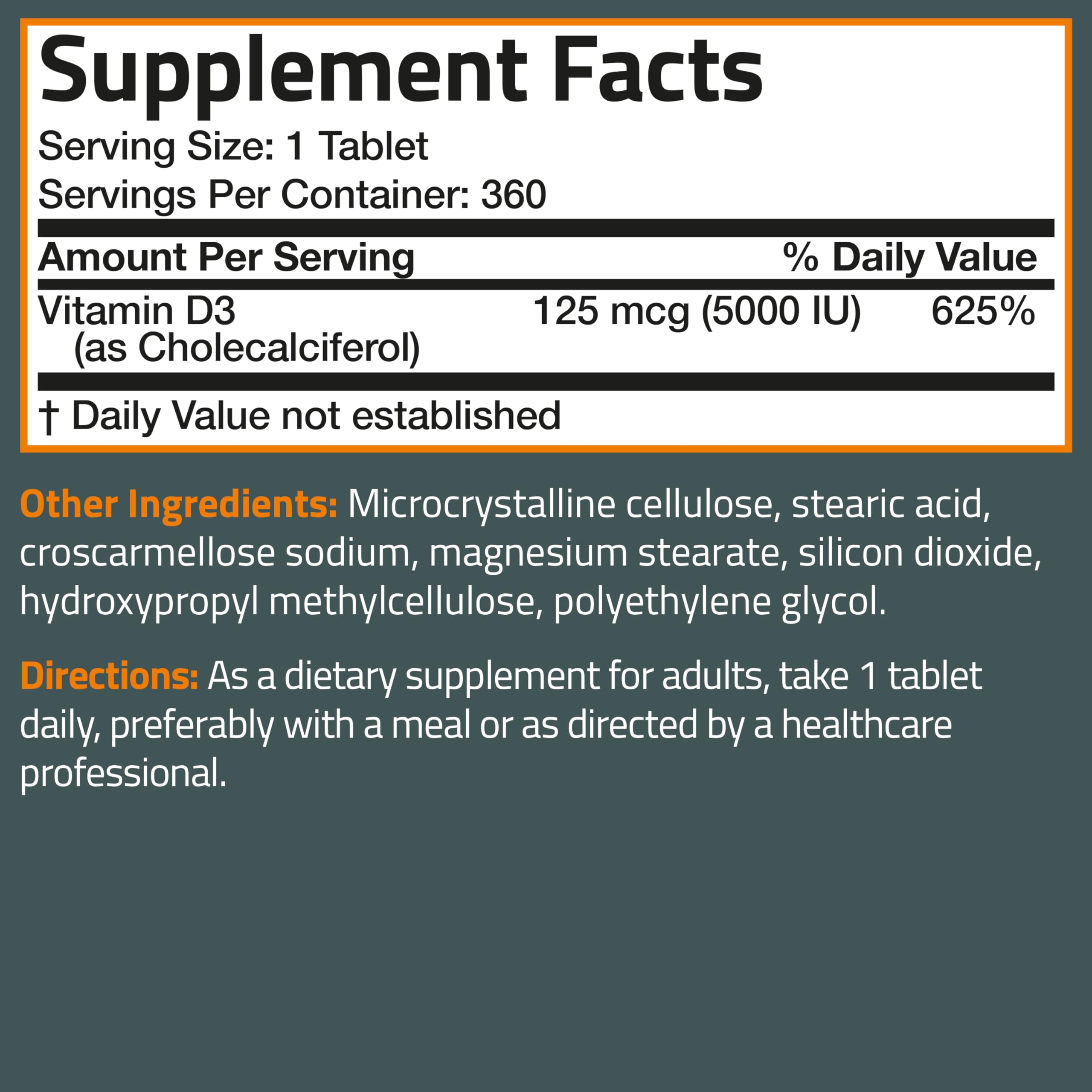 Bronson D3 5000 IU bottle on shelf suggests long shelf stability.