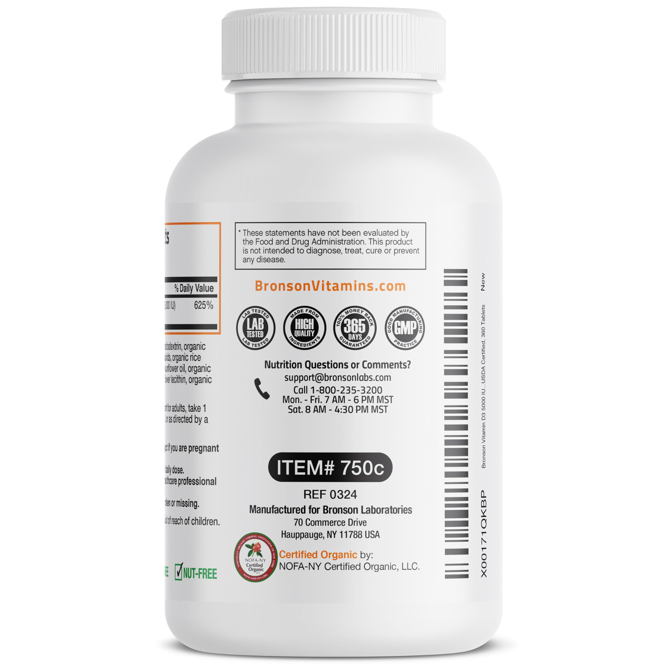 Bronson Vitamin D3 5000 IU bottle on wooden surface in natural setting.