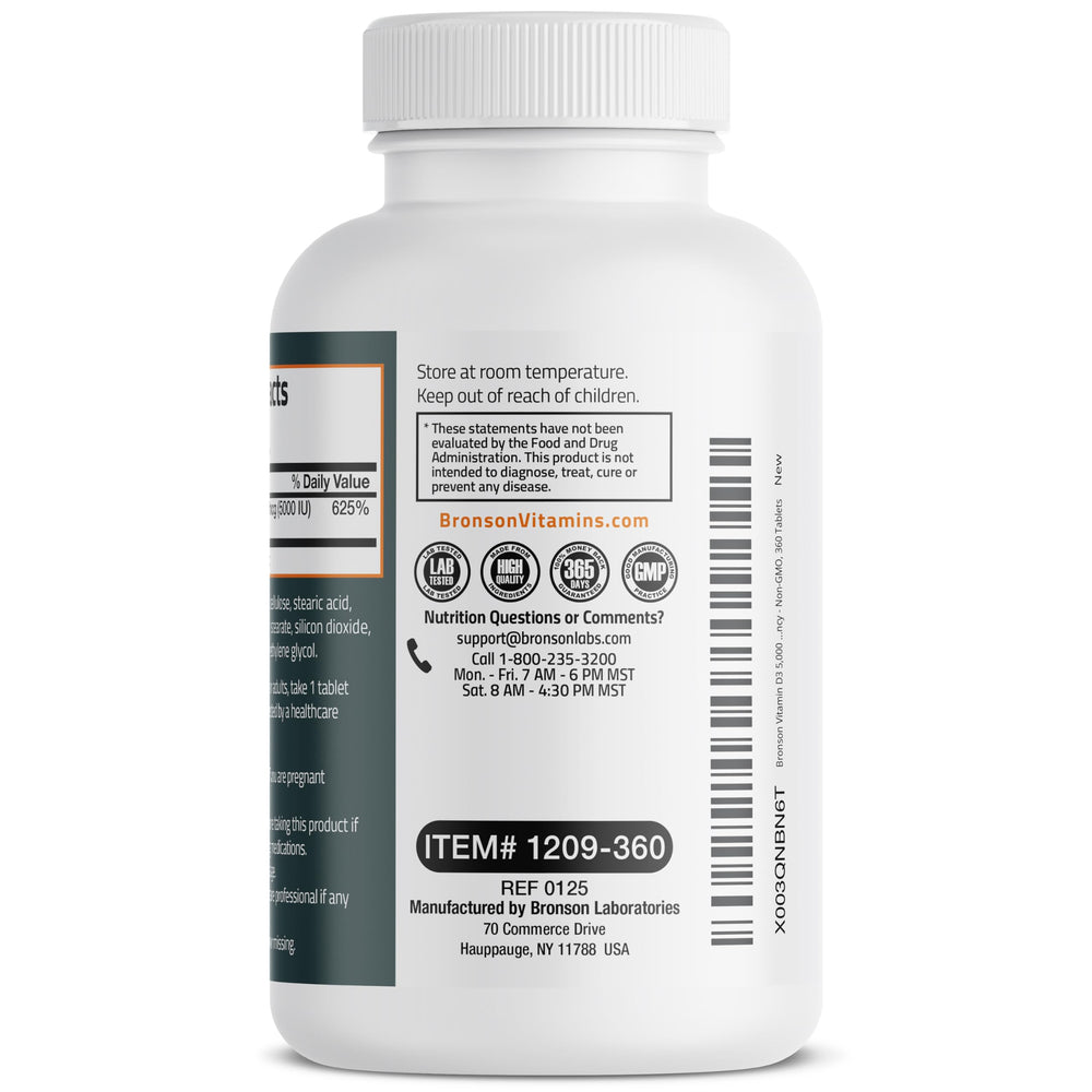 Bronson D3 is non-GMO and gluten-free, shown by icons.