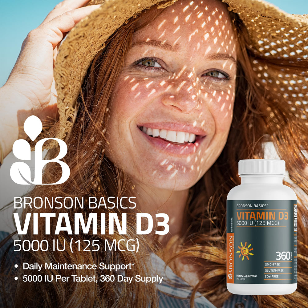 Bronson D3 tablets close-up suggests easy daily dosing.