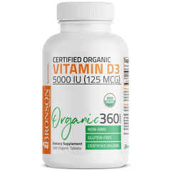 Bronson Vitamin D3 5000 IU tablets close-up showing round tablets.