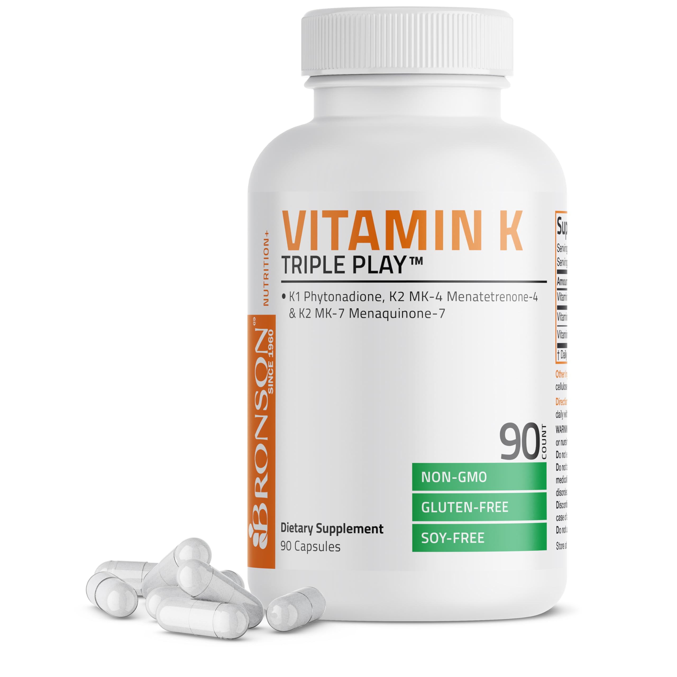 Bronson Vitamin K Triple Play bottle front showing full spectrum K1 MK4 MK7 support for bones