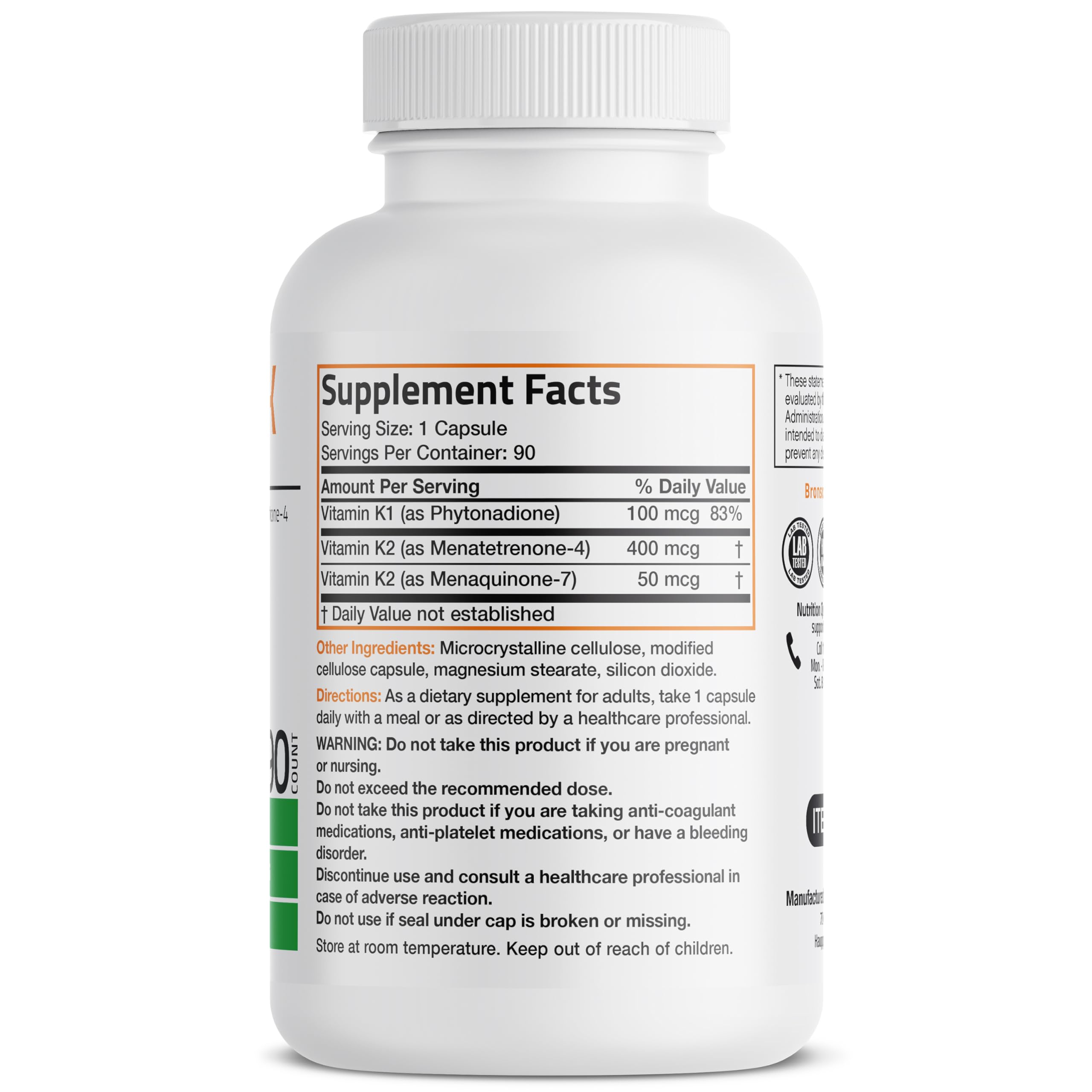 Bronson Vitamin K Triple Play bottle label displaying MK4, MK7, and K1 components