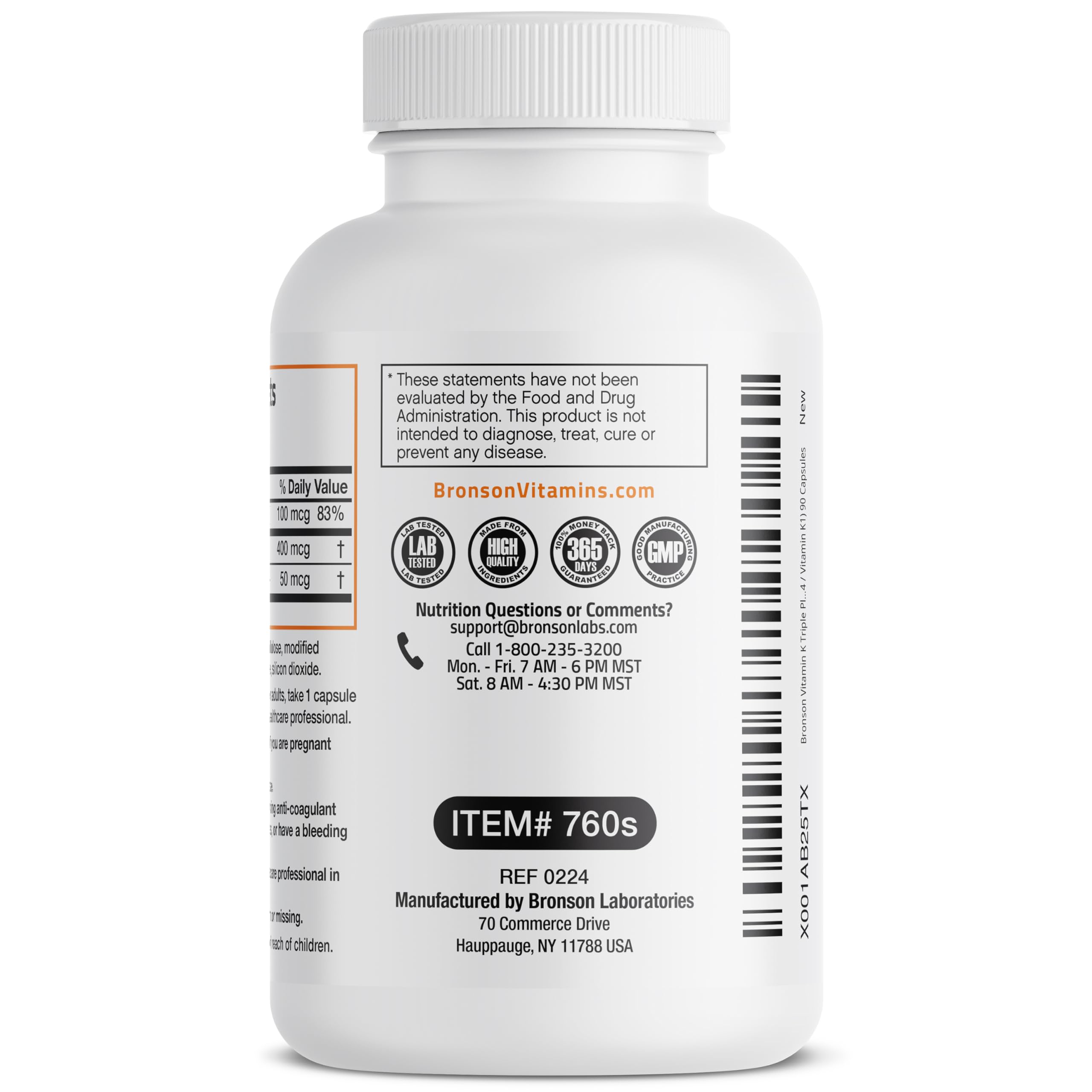 Bronson Vitamin K Triple Play bottle side view emphasizing gluten-free and GMO-free quality
