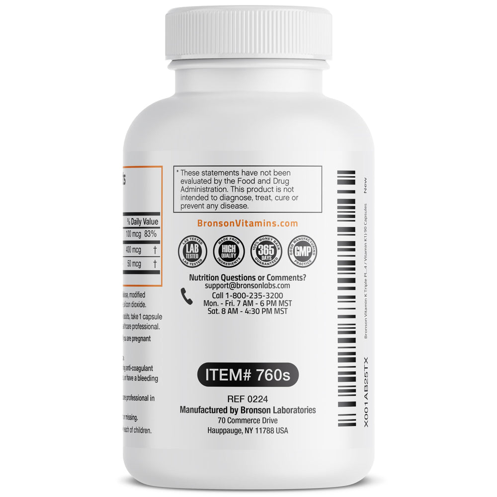 Bronson Vitamin K Triple Play bottle side view emphasizing gluten-free and GMO-free quality