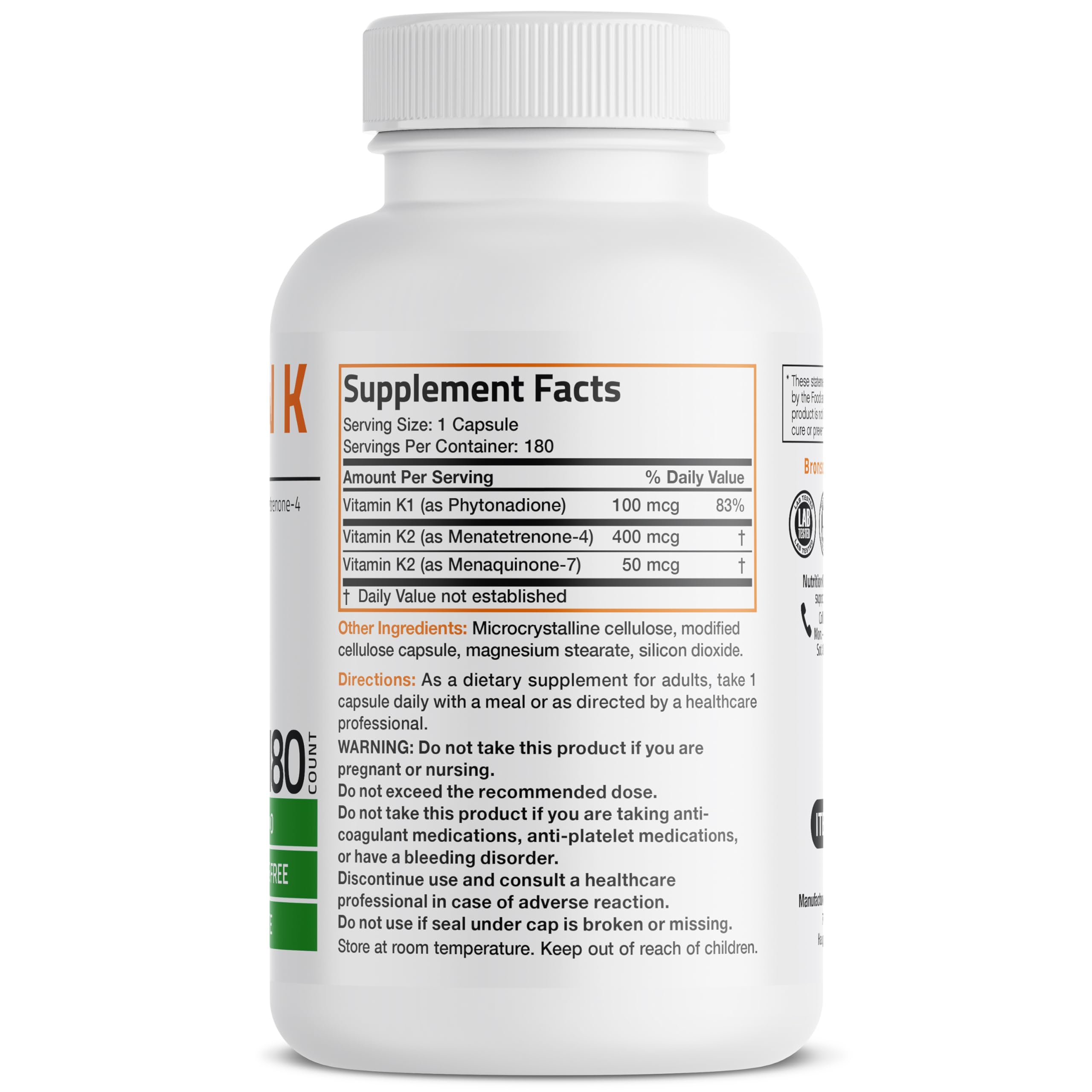 Bronson Vitamin K Triple Play capsules closeup showing full-spectrum formula.