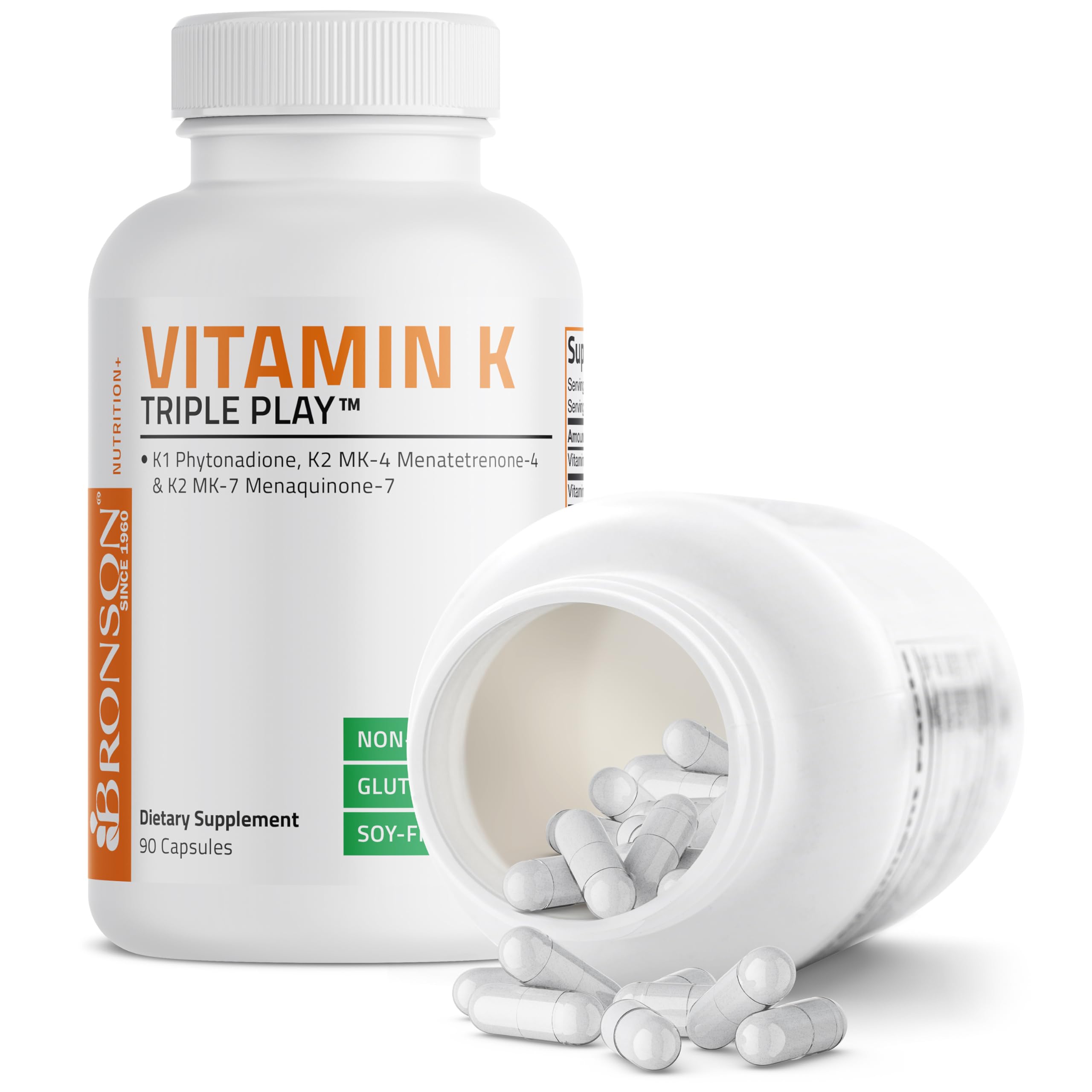 Bronson Vitamin K Triple Play nutrition facts panel highlighting K1 MK4 MK7 balance