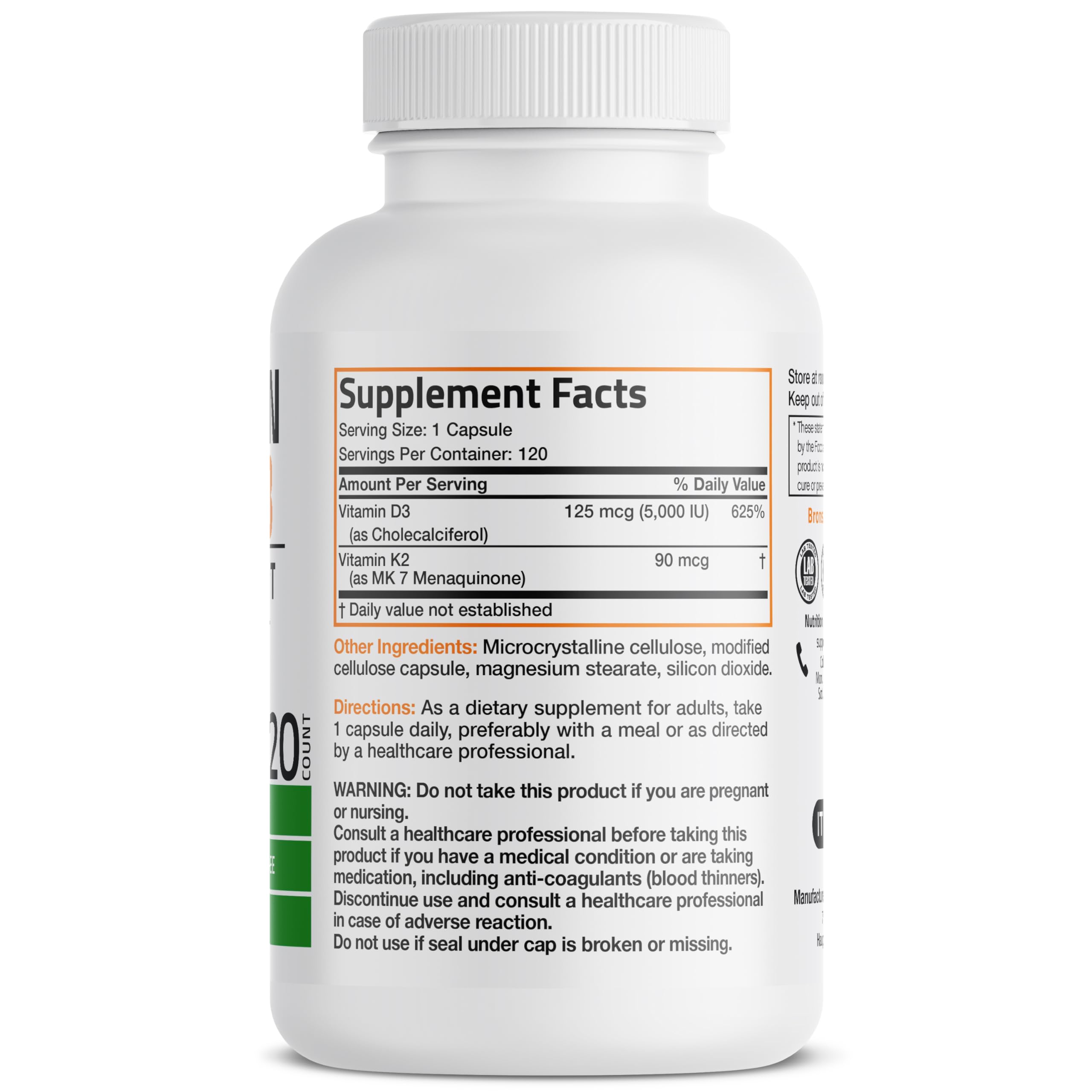 Bronson Vitamin K2 D3 capsules close-up showing easy-to-swallow design.