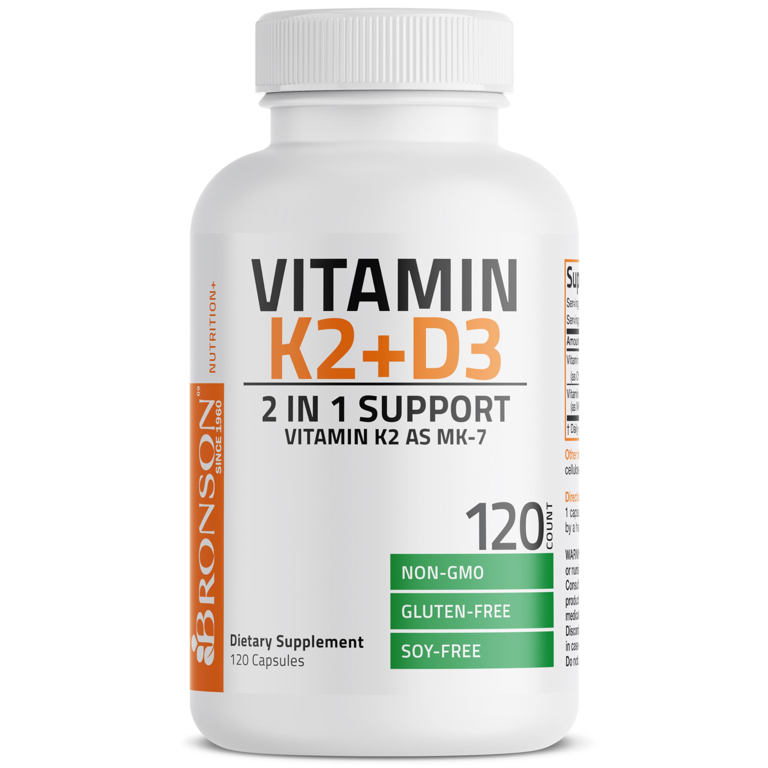 Bronson Vitamin K2 D3 ingredients graphic notes gluten-free and soy-free features.