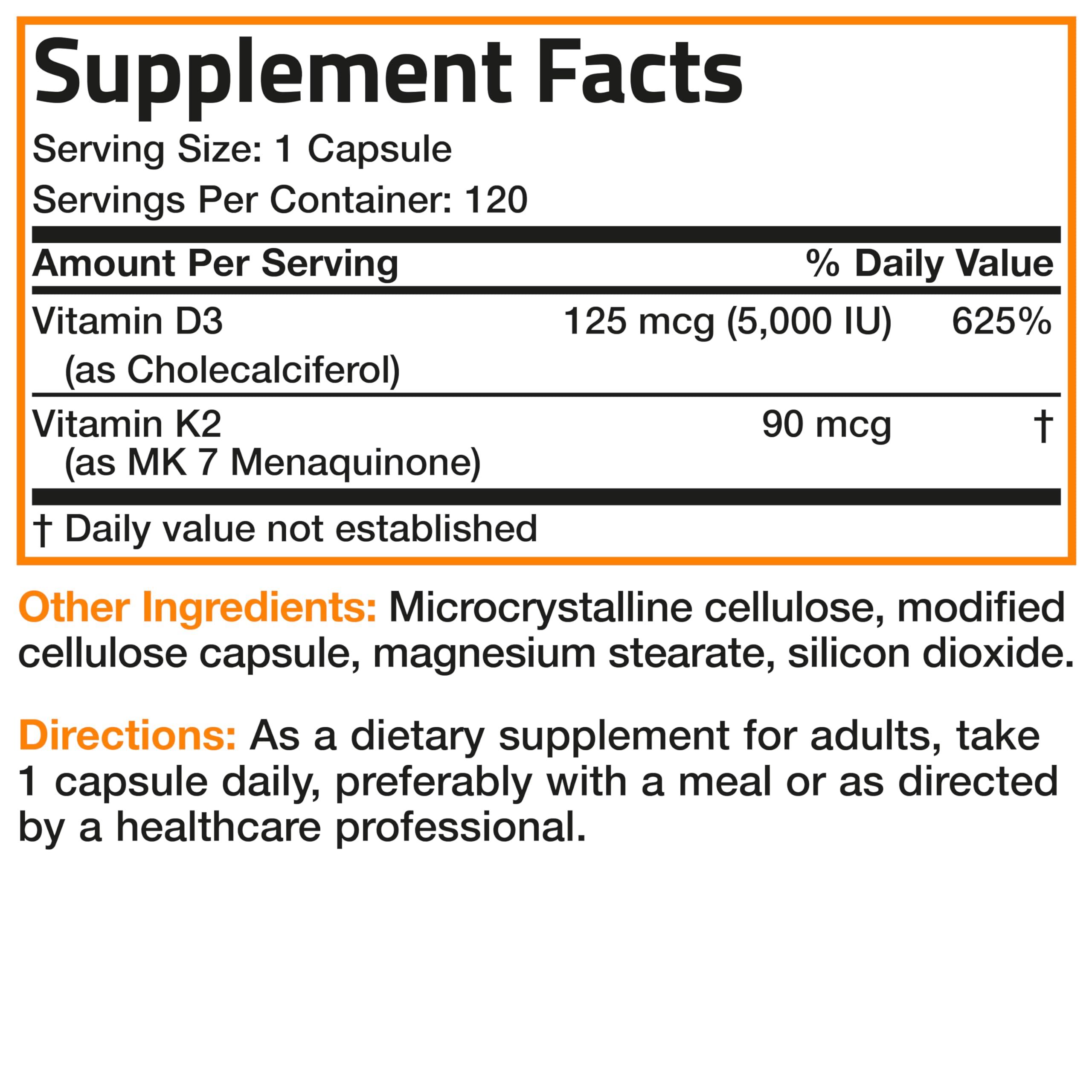 Bronson Vitamin K2 D3 packaging shows 120 capsules for a two-month supply.