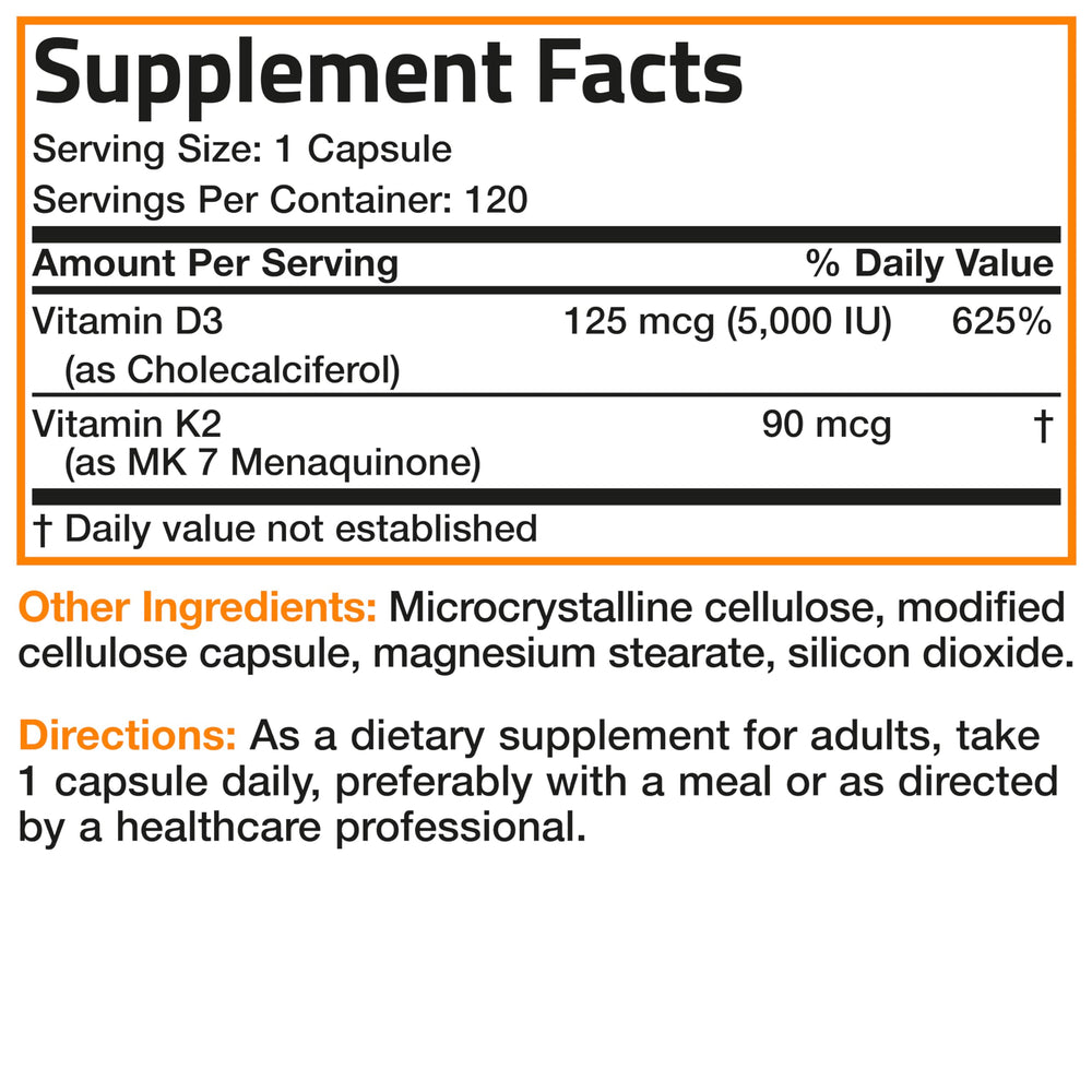 Bronson Vitamin K2 D3 packaging shows 120 capsules for a two-month supply.