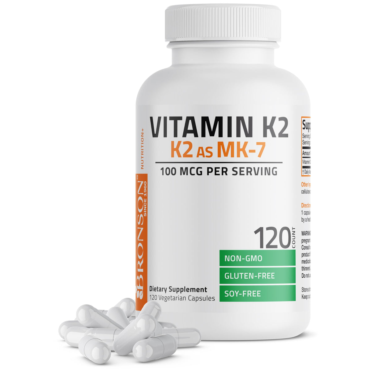 Bronson Vitamin K2 MK-7 bottle close-up with clear label for easy shopping.