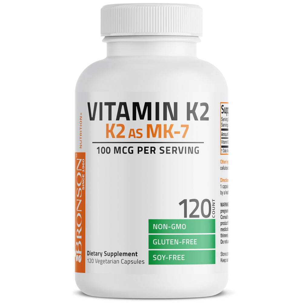 Bronson Vitamin K2 MK-7 bottle on white background suggests compact, easy storage.