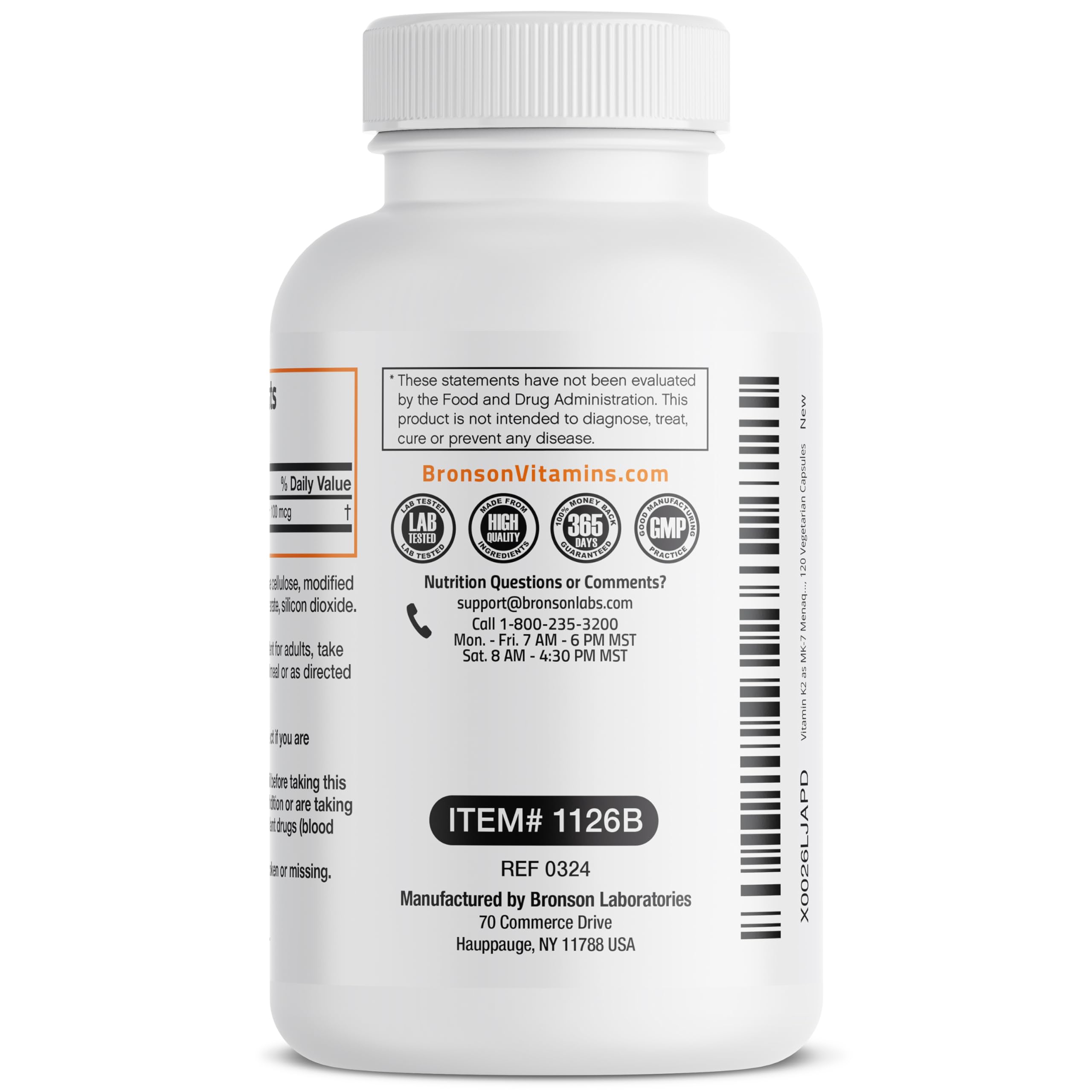 Bronson Vitamin K2 MK-7 bottle with detailed label for quick reference.