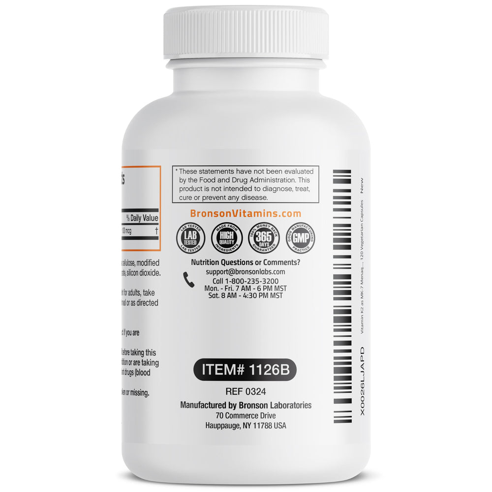 Bronson Vitamin K2 MK-7 bottle with detailed label for quick reference.