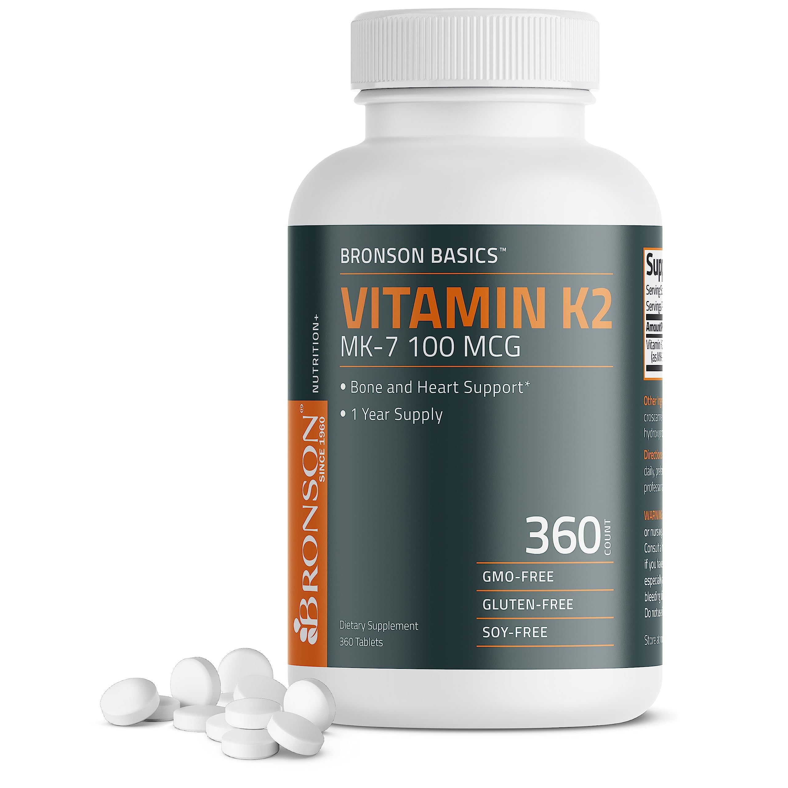 Bronson Vitamin K2 MK-7 bottle front, showcasing value for daily use