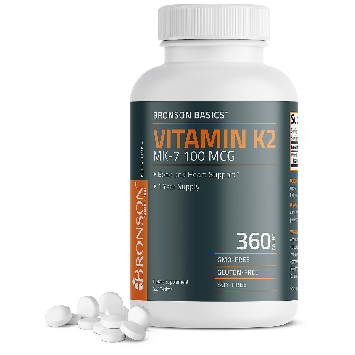 Bronson Vitamin K2 MK-7 bottle front, showcasing value for daily use