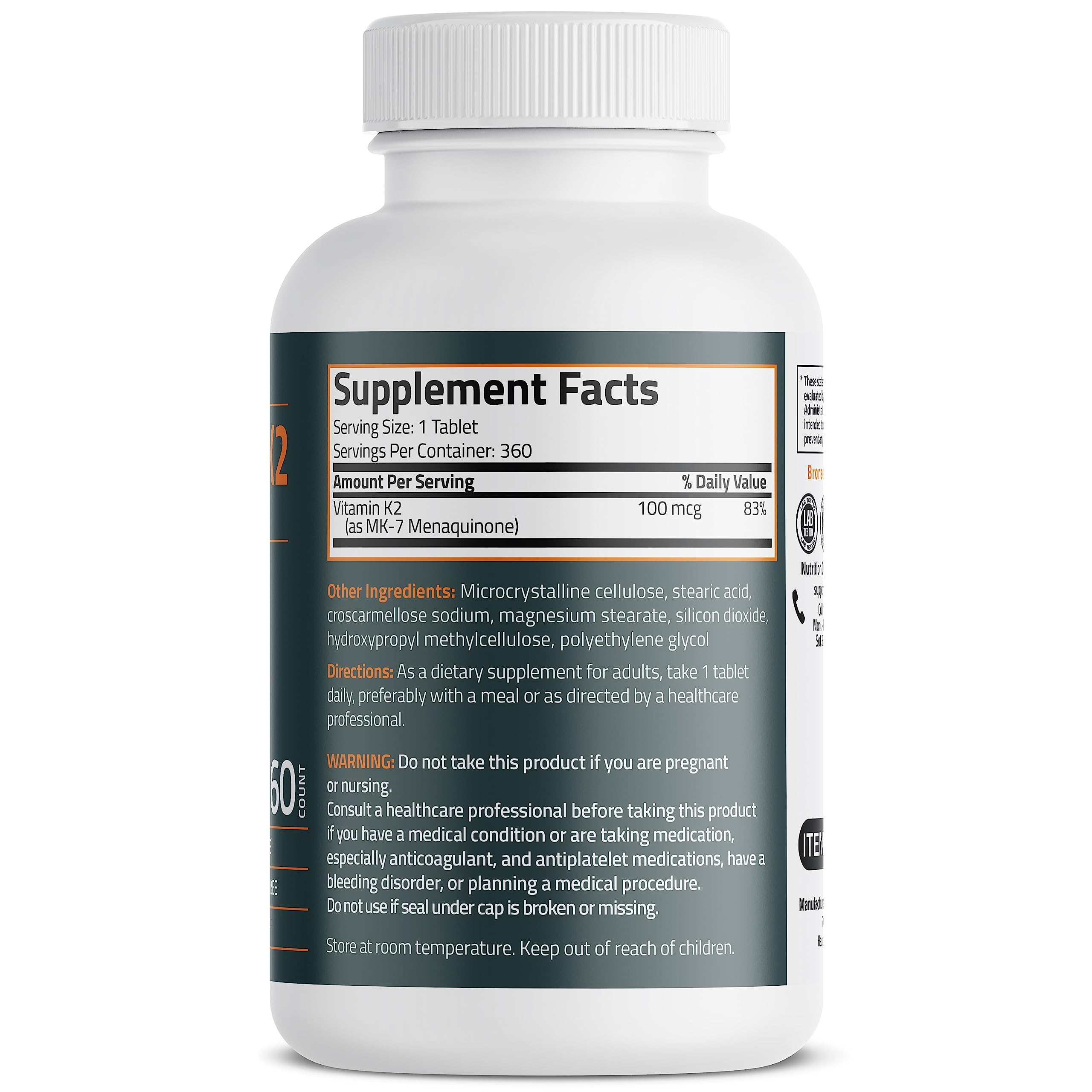 Bronson Vitamin K2 MK-7 label close-up highlighting 360-tablet supply