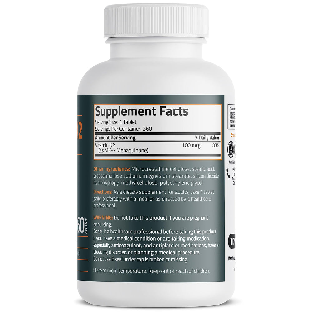 Bronson Vitamin K2 MK-7 label close-up highlighting 360-tablet supply