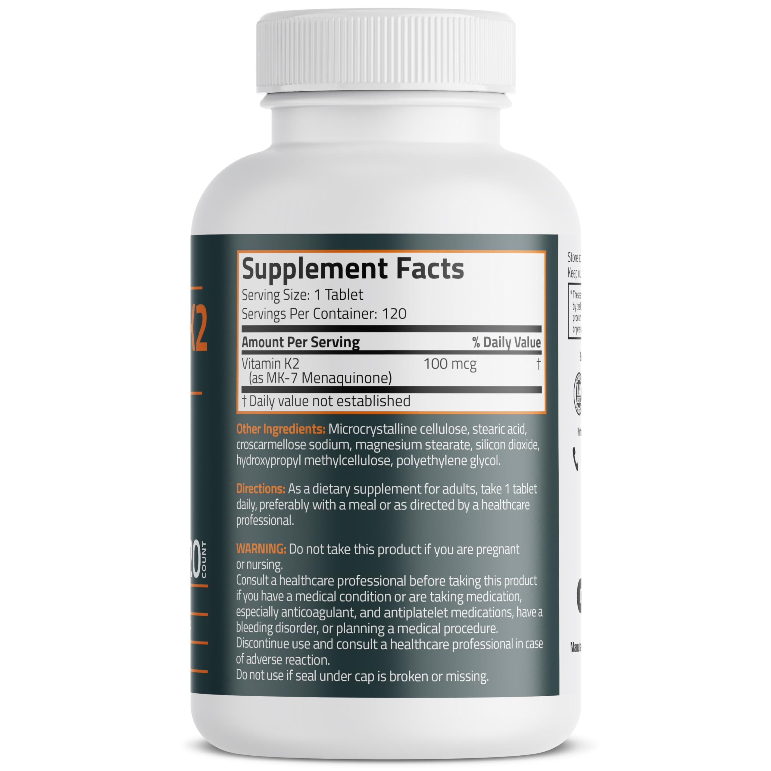 Bronson Vitamin K2 MK-7 bottle label closeup showing dosage and form.