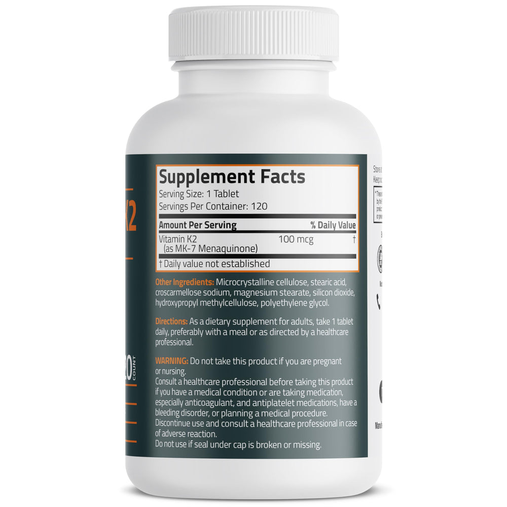 Bronson Vitamin K2 MK-7 bottle label closeup showing dosage and form.