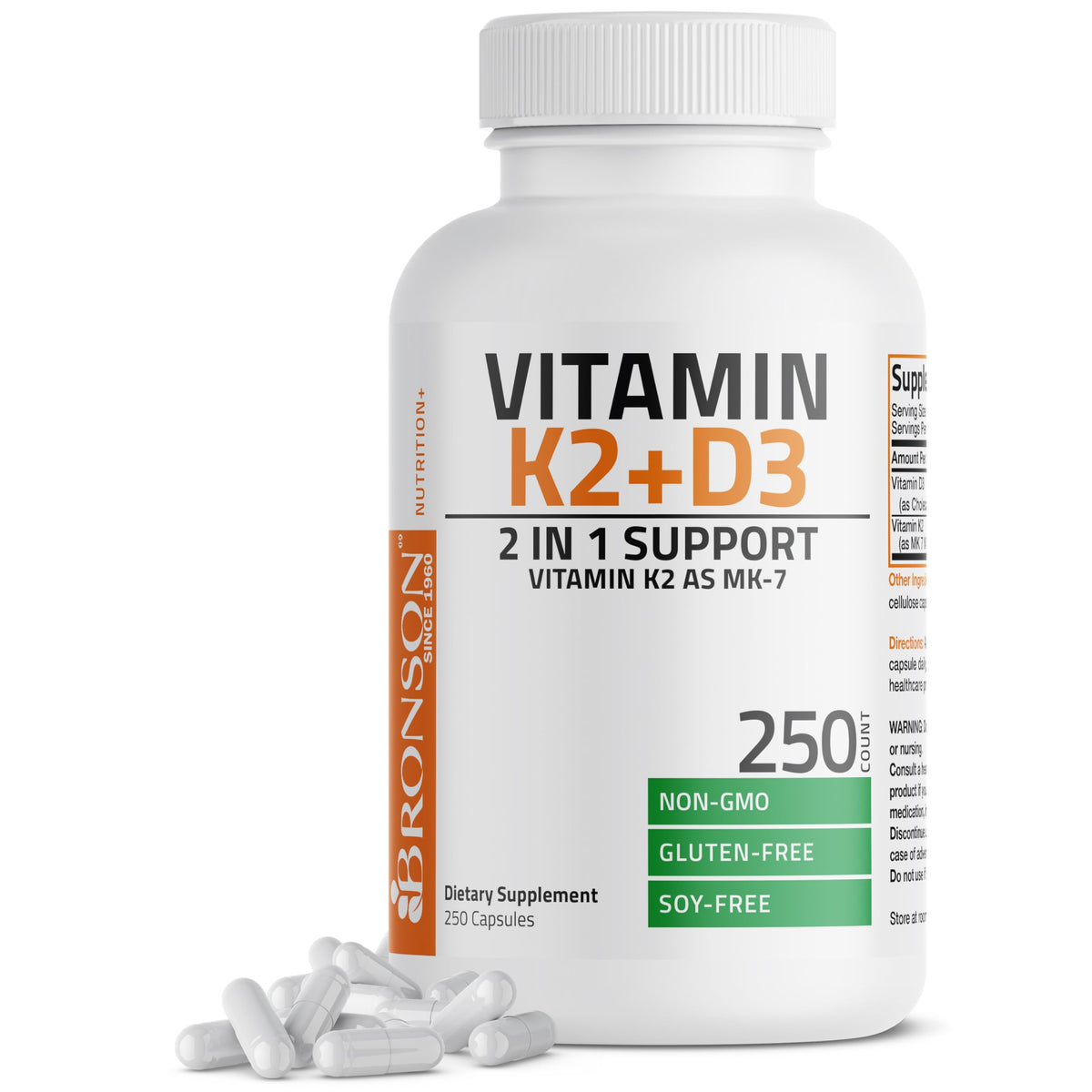 Bronson Vitamin K2 MK7 with D3 bottle front view for daily support