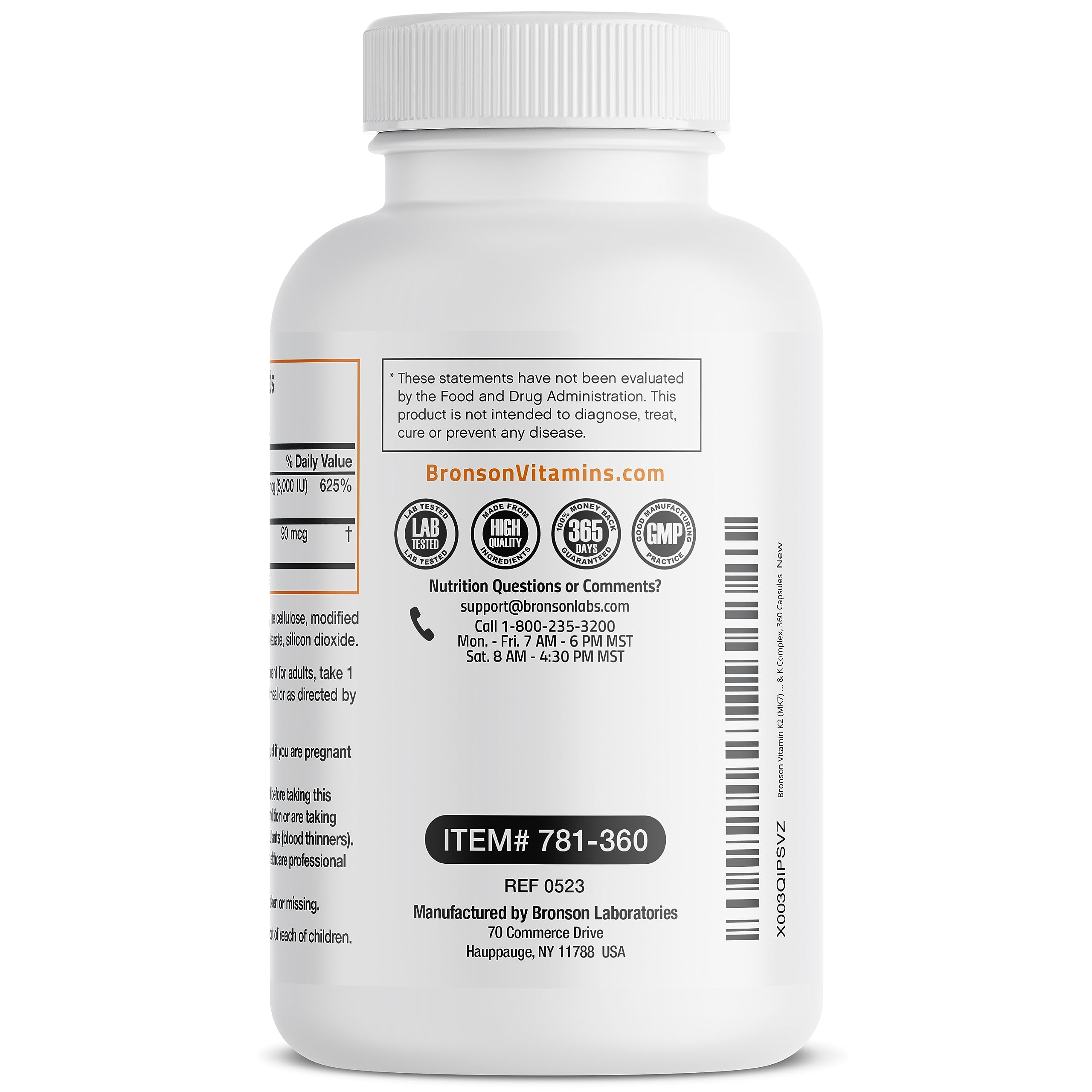 Ingredient panel of Bronson K2 MK7 D3 bottle