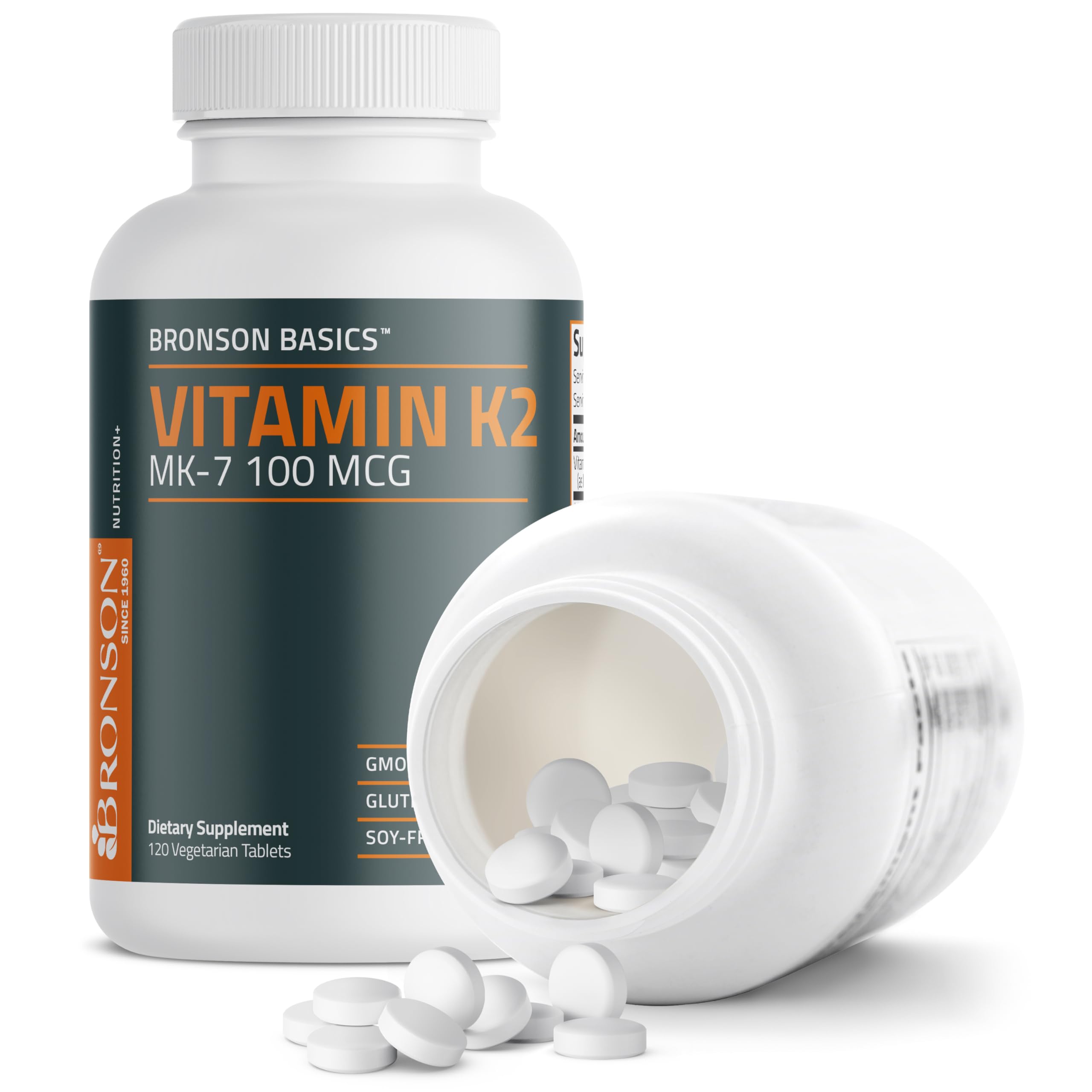 Bronson Vitamin K2 MK-7 icons emphasize non-GMO, gluten-free, and soy-free features.